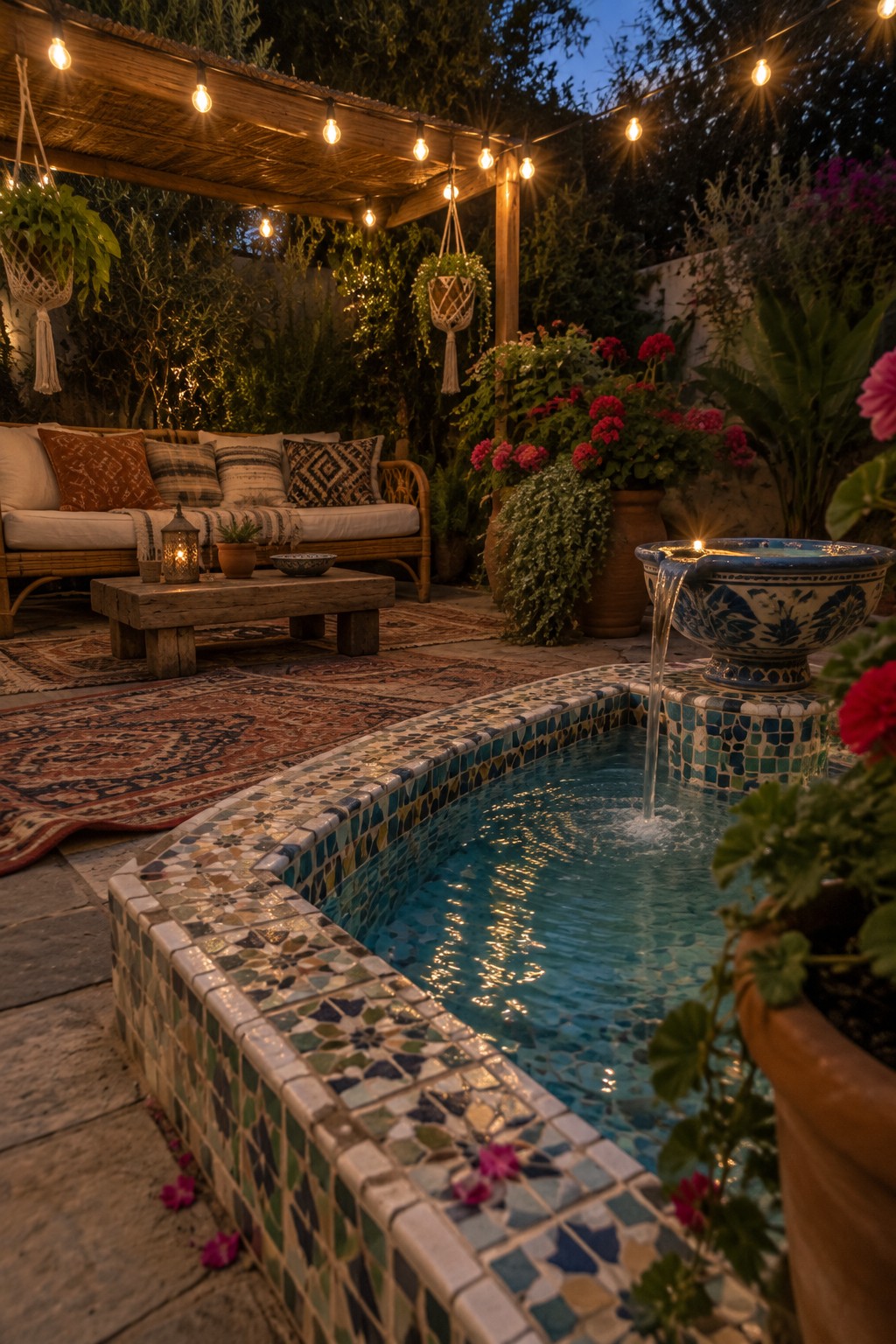 An outdoor plunge pool with colorful mosaic tile edging includes a blue and white ceramic fountain pouring water into the pool, next to a patio with rugs, seating, and string lights.