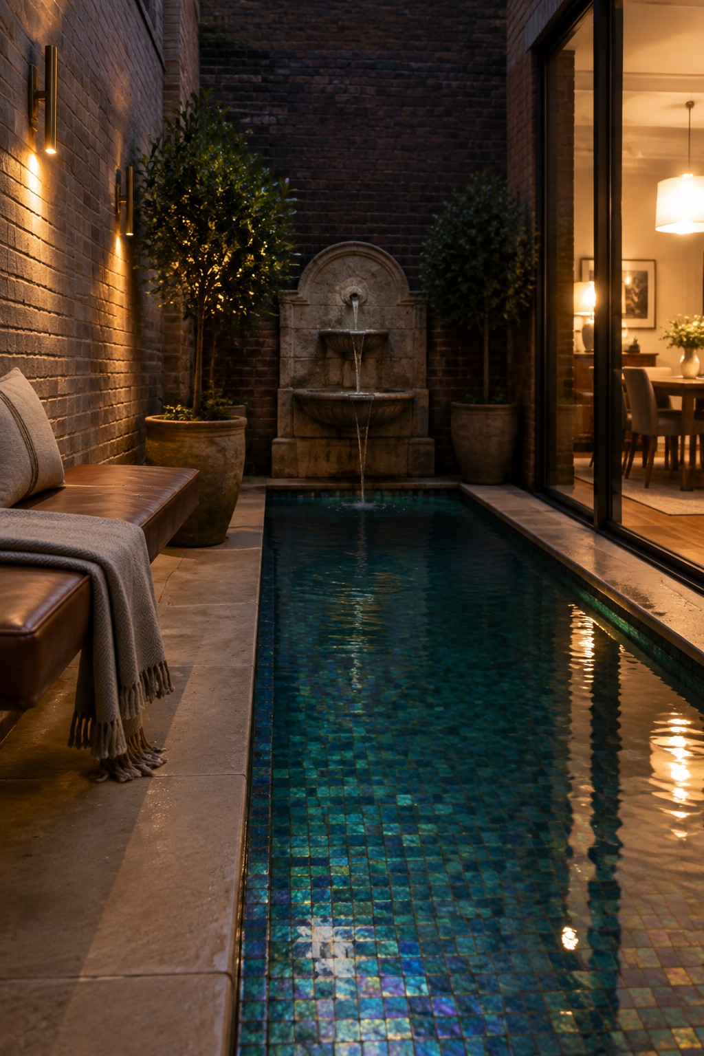 Narrow blue mosaic pool with stone fountain, potted trees, leather bench in brick courtyard