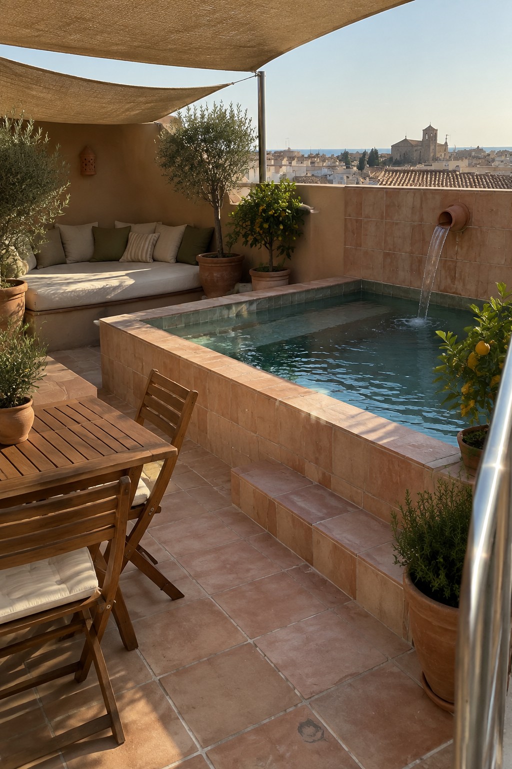 A small rectangular plunge pool set into terracotta tiles on a rooftop terrace, with water flowing from a wall-mounted terracotta spout into the pool.