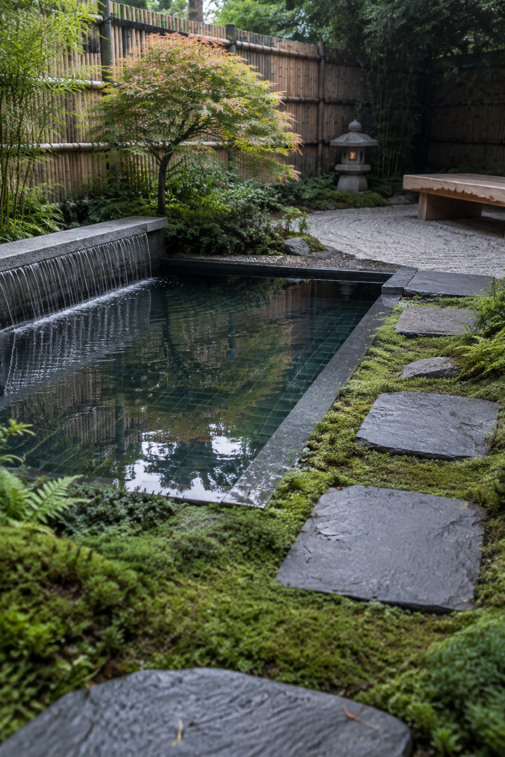 Zen garden pond with waterfall, mossy stepping stones, stone lantern, and bamboo fence.