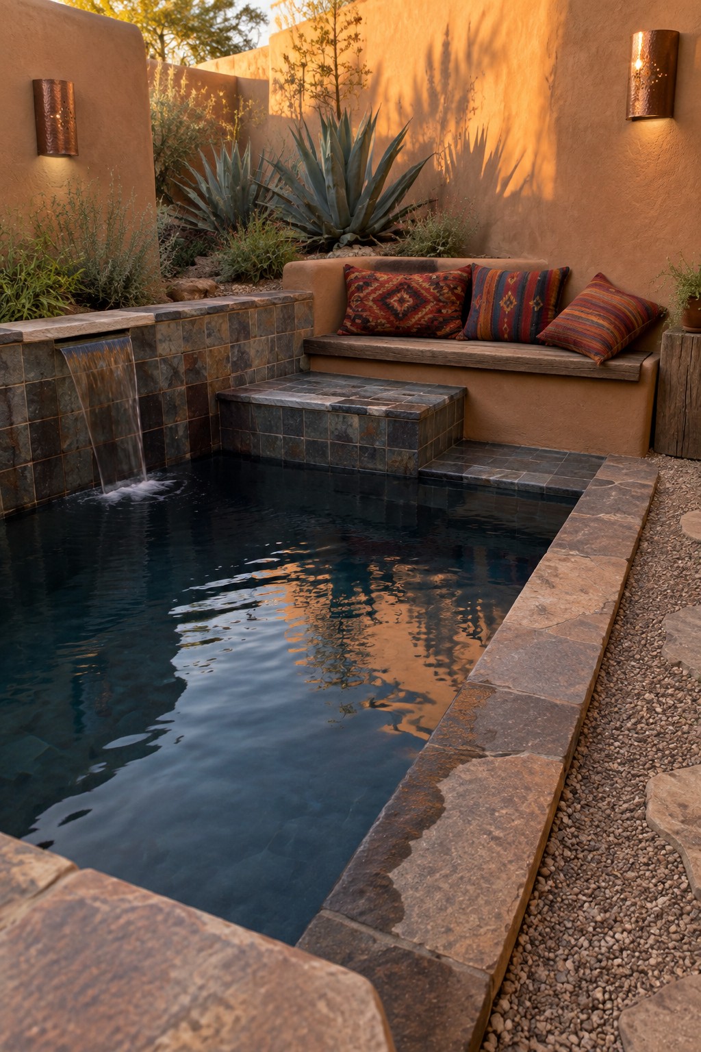 A small rectangular plunge pool with a waterfall spilling from a tiled wall into the water, next to a built-in bench with colorful pillows against a stucco wall.