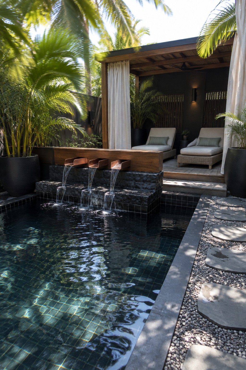 Tropical pool with cascading waterfalls, lounge chairs under wooden cabana amid palms