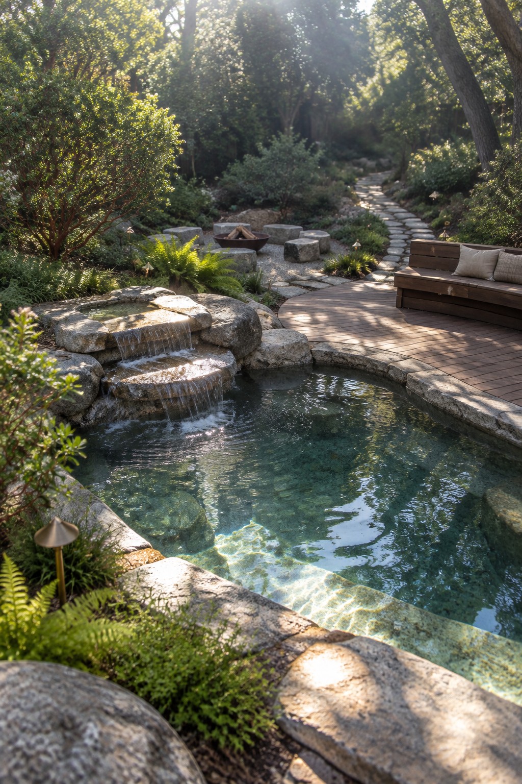 Lush garden pond with rocky waterfall, wooden deck bench, and stone path.