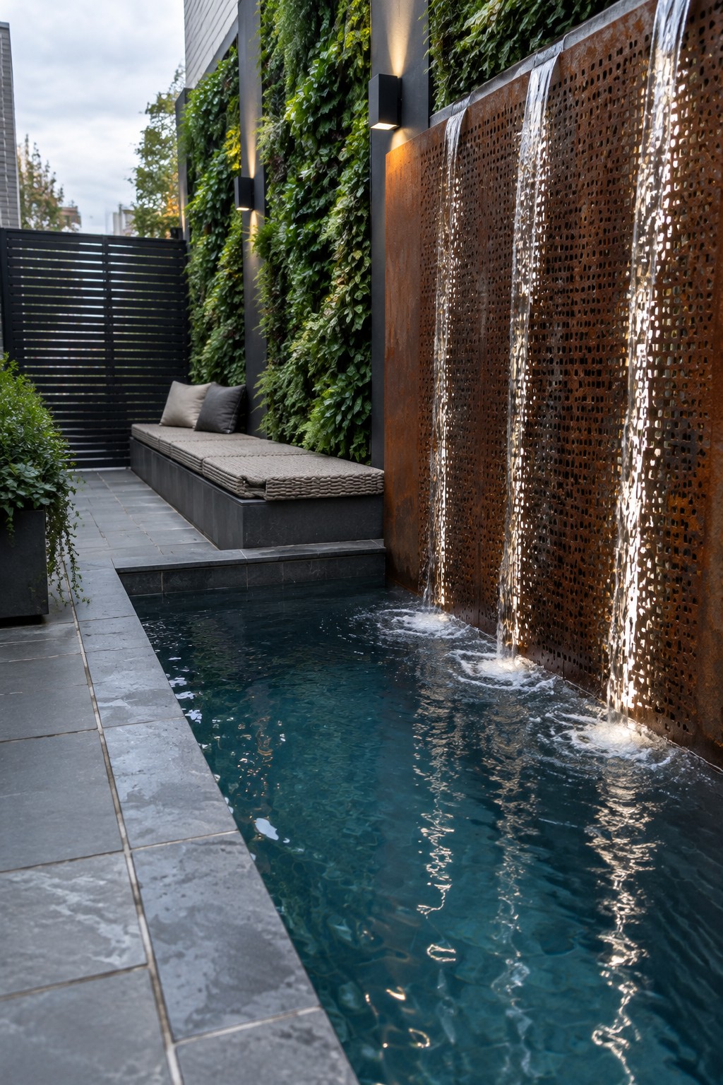 A narrow plunge pool with water flowing down a perforated rusted metal wall into the water, beside a built-in bench and vertical garden.