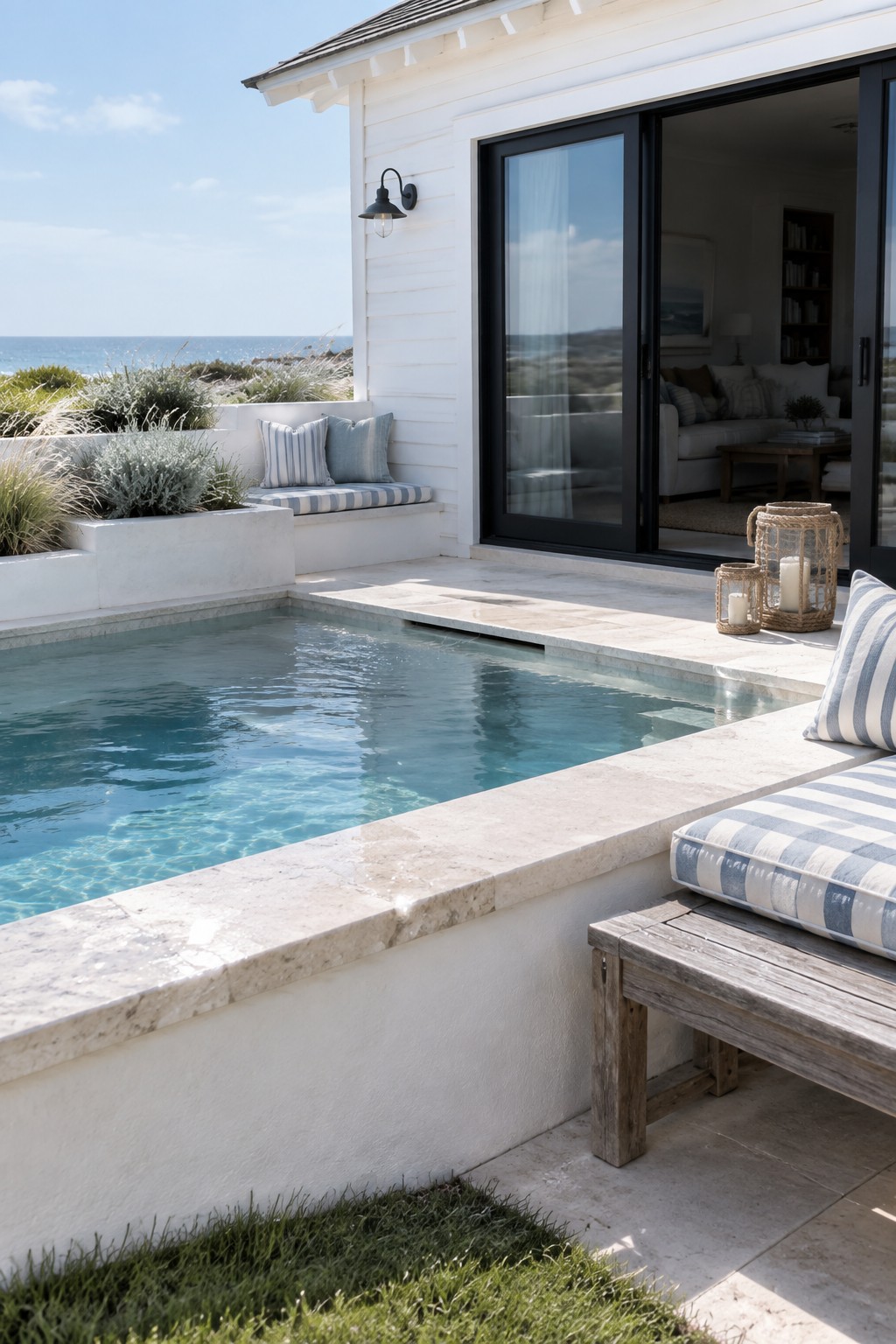 A small plunge pool with wide light stone coping sits beside a white house, with blue striped cushions on a built-in ledge and a nearby wooden bench.