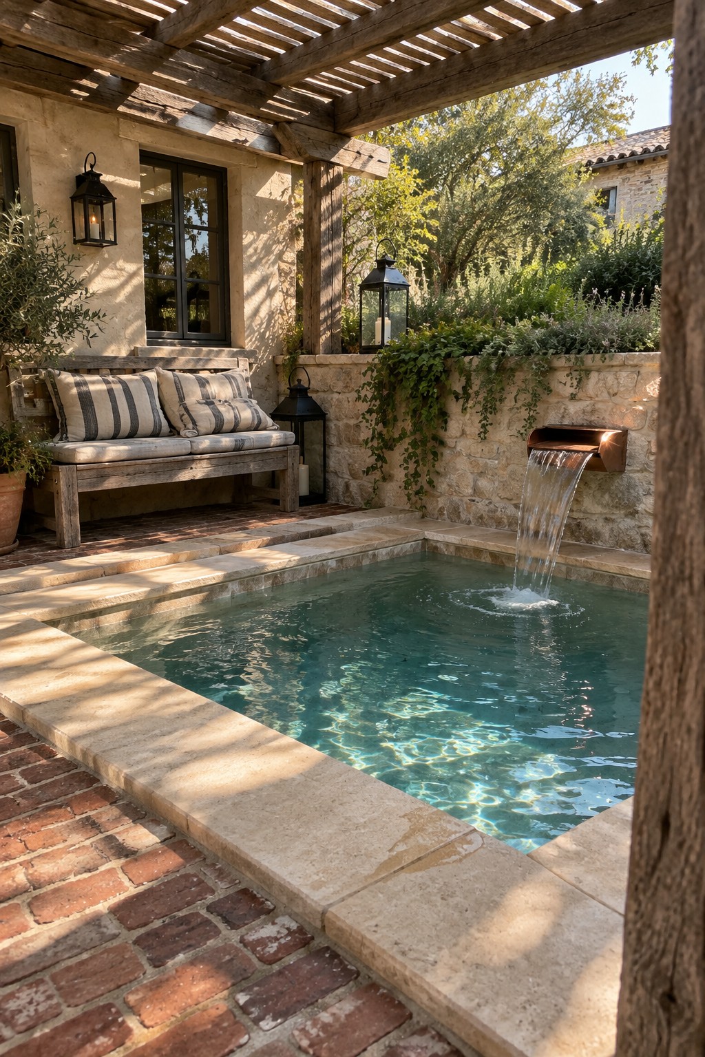 A rectangular plunge pool with blue-green water features a metal spout mounted on a stone wall pouring water into the pool, with a wooden pergola, cushioned bench, and brick paving visible nearby.