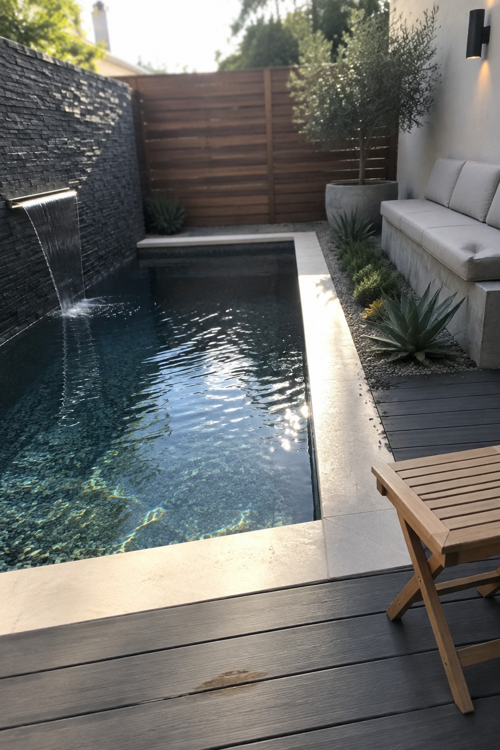 Modern backyard plunge pool with waterfall, wooden deck, concrete bench and plants