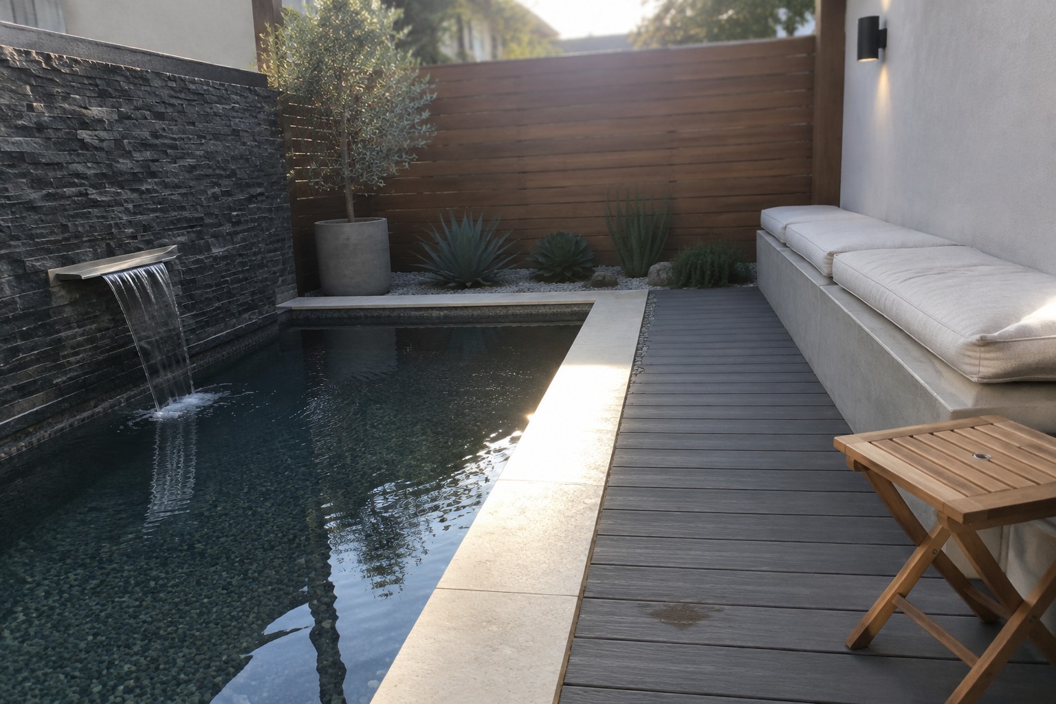 Modern backyard plunge pool with waterfall, wooden deck, concrete bench and plants