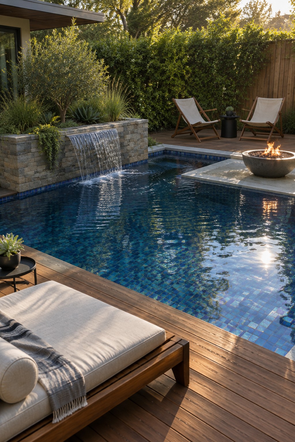 Luxurious pool with waterfall, fire pit, and lounge chairs on wooden deck