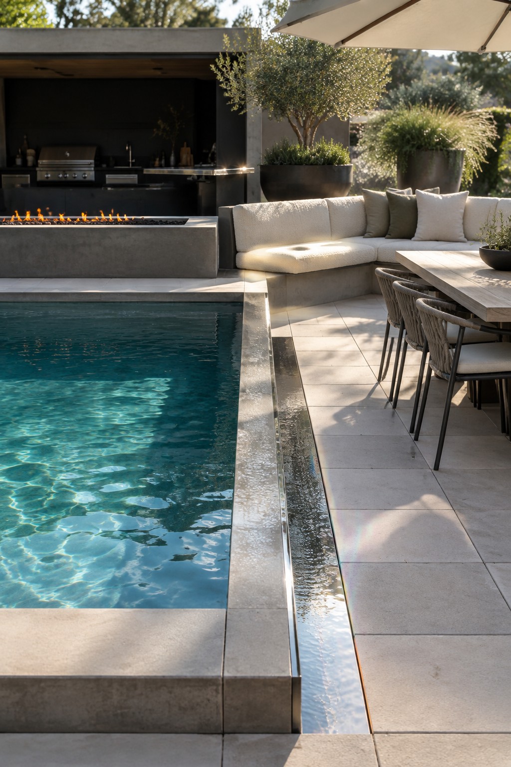 Modern patio with turquoise pool, concrete fire pit, sofa, and dining table.