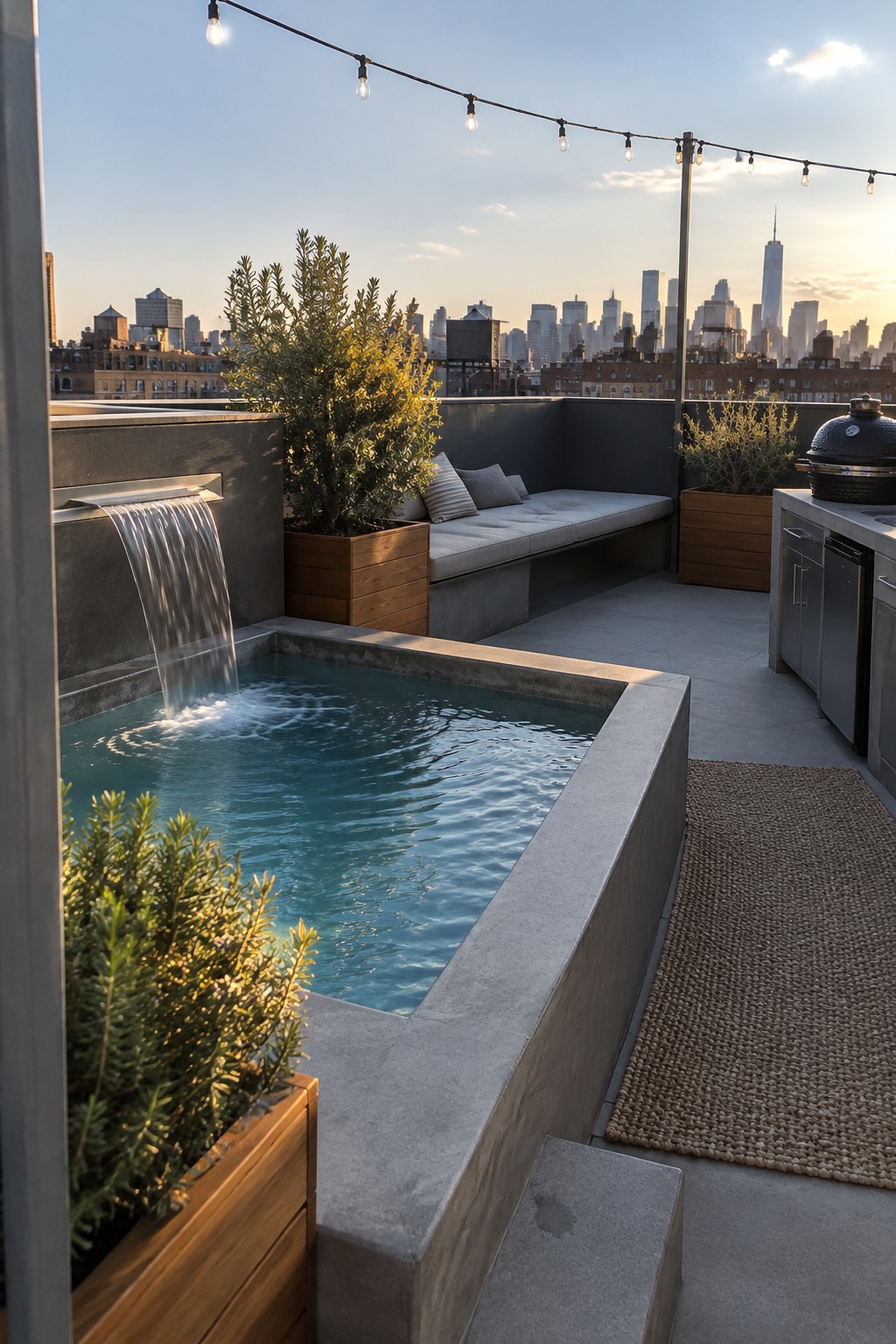A concrete plunge pool on a rooftop terrace with a built-in waterfall on the left side, wooden planters with greenery, a cushioned bench, and a grill station against a city skyline at dusk.