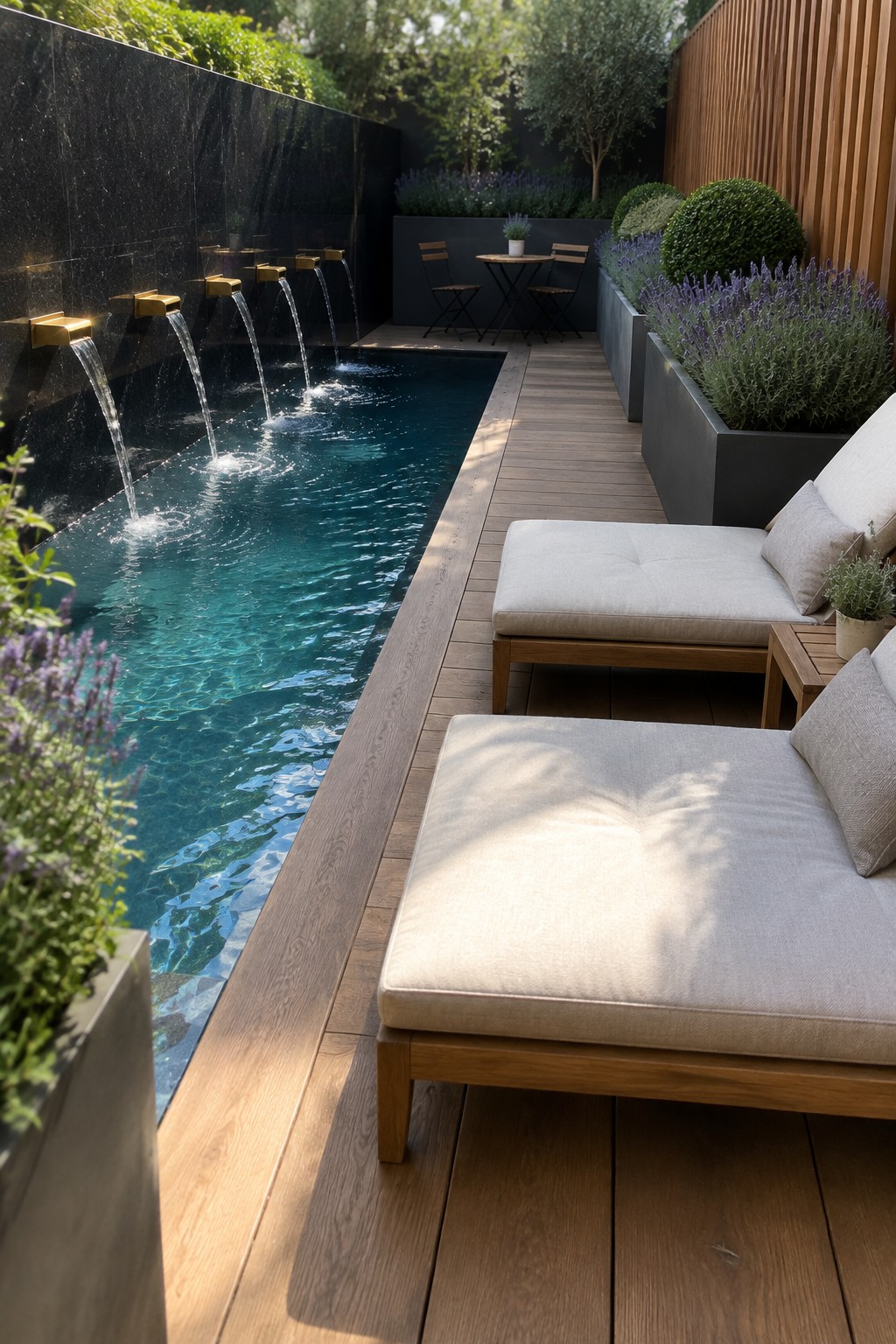 A long narrow plunge pool with brass wall spouts cascading water into the pool, next to a wooden deck with two lounge chairs and planters.