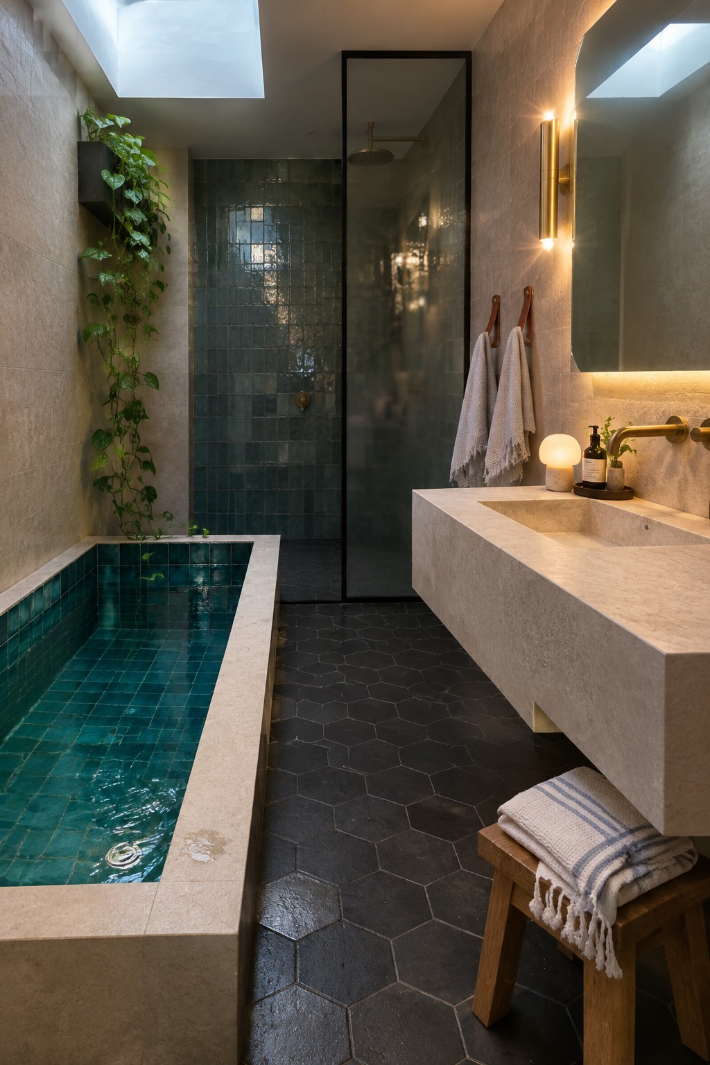 Modern bathroom with teal-tiled plunge pool, concrete vanity, dark hex floor, and skylight.