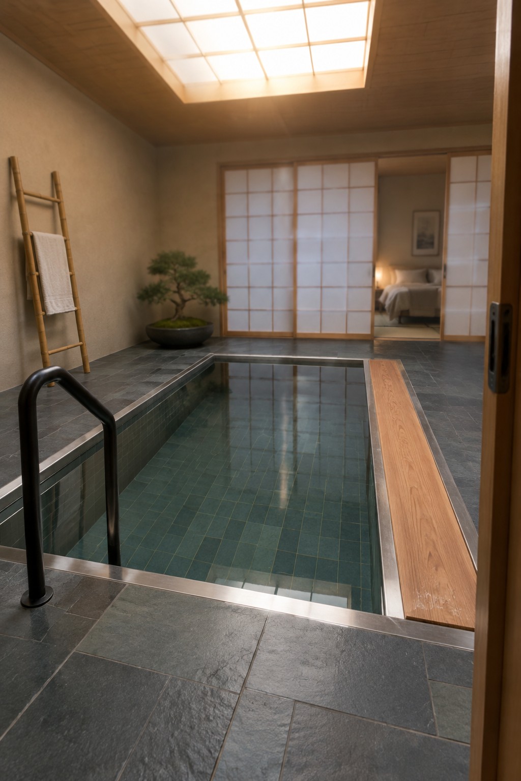 An indoor plunge pool with dark green tiles, a black metal handrail on the left, and a wooden platform along the right edge, seen through an open doorway with shoji screens in the background.