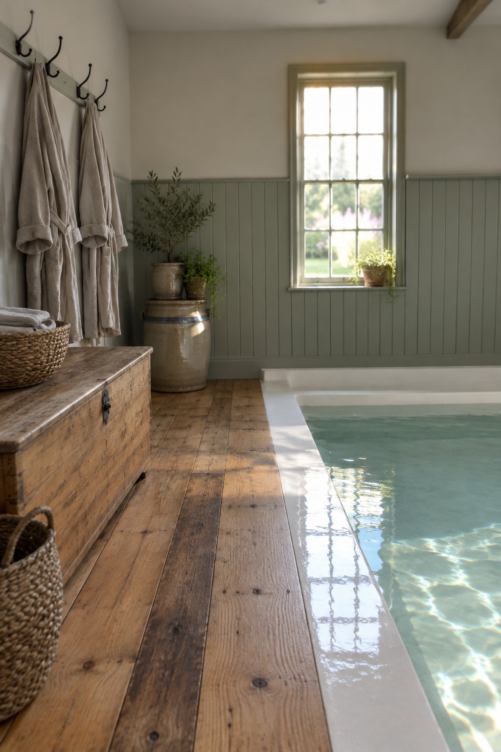 Rustic indoor pool with wooden floor, hanging beige robes, and potted plants by window
