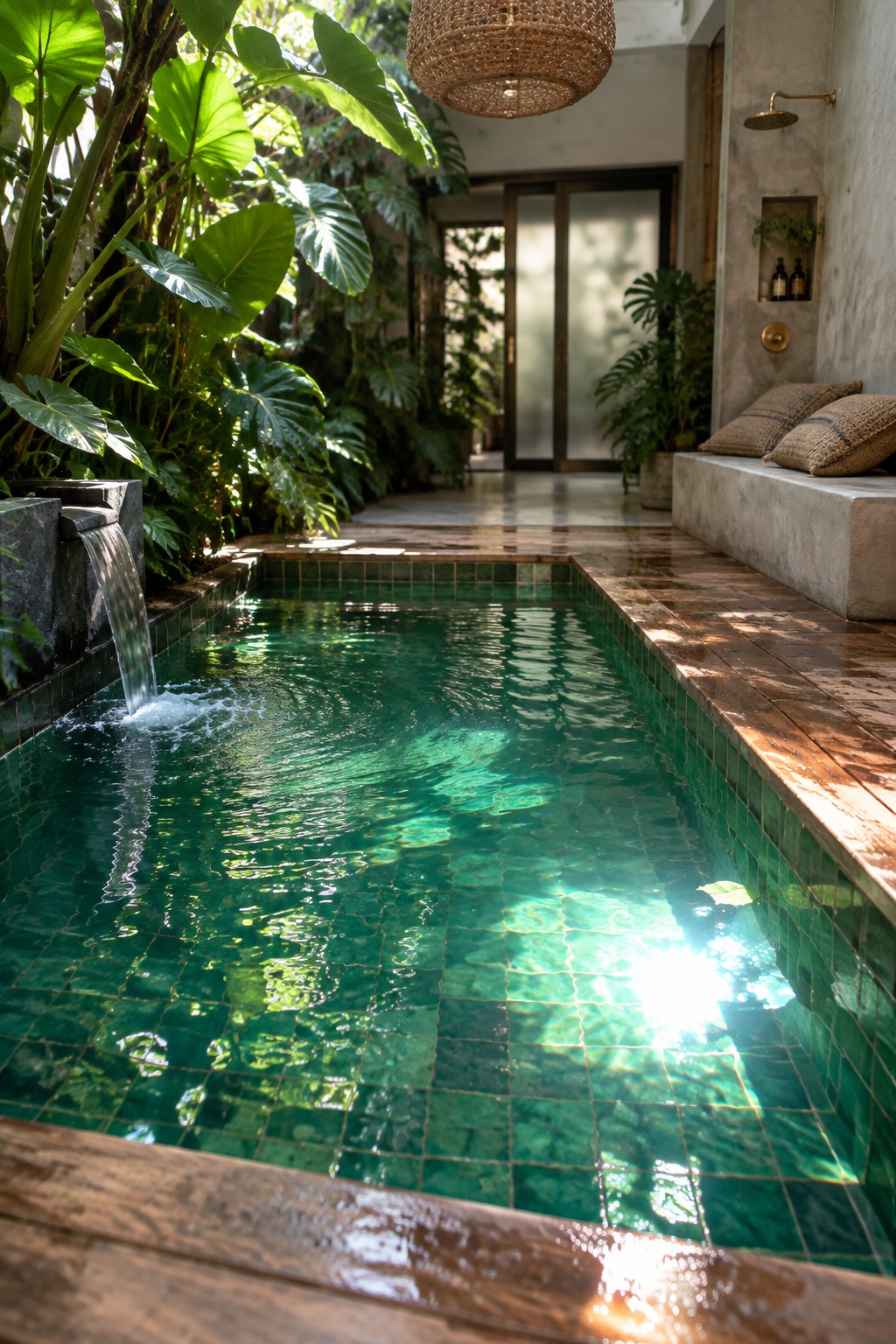 Lush green-tiled plunge pool with waterfall, tropical plants, woven pendant light, and sunlight reflections.