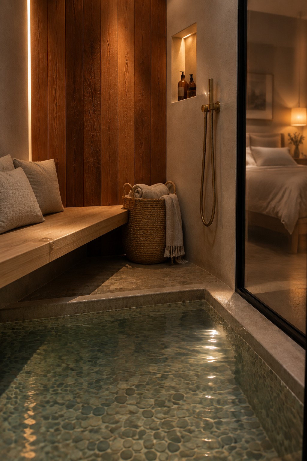 An indoor plunge pool with pebble tiles and water sits beside a light wood bench with cushions, a woven basket holding towels, and a brass shower fixture on a concrete wall, with a bedroom visible through glass doors.