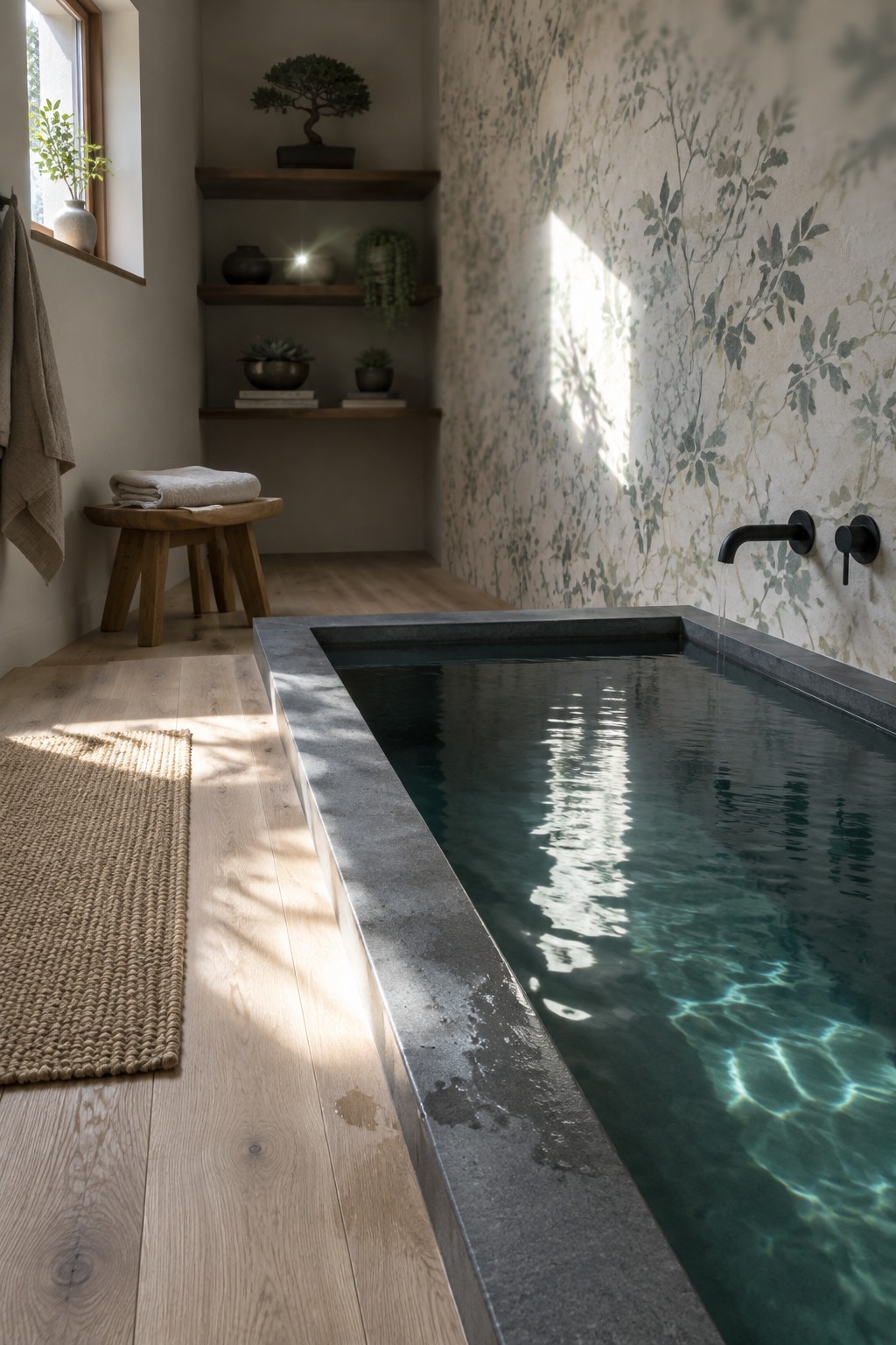 An indoor plunge pool with a stone edge fills part of a compact room with light wood flooring, a woven rug, wall-mounted faucet, and shelves holding plants and a bonsai.
