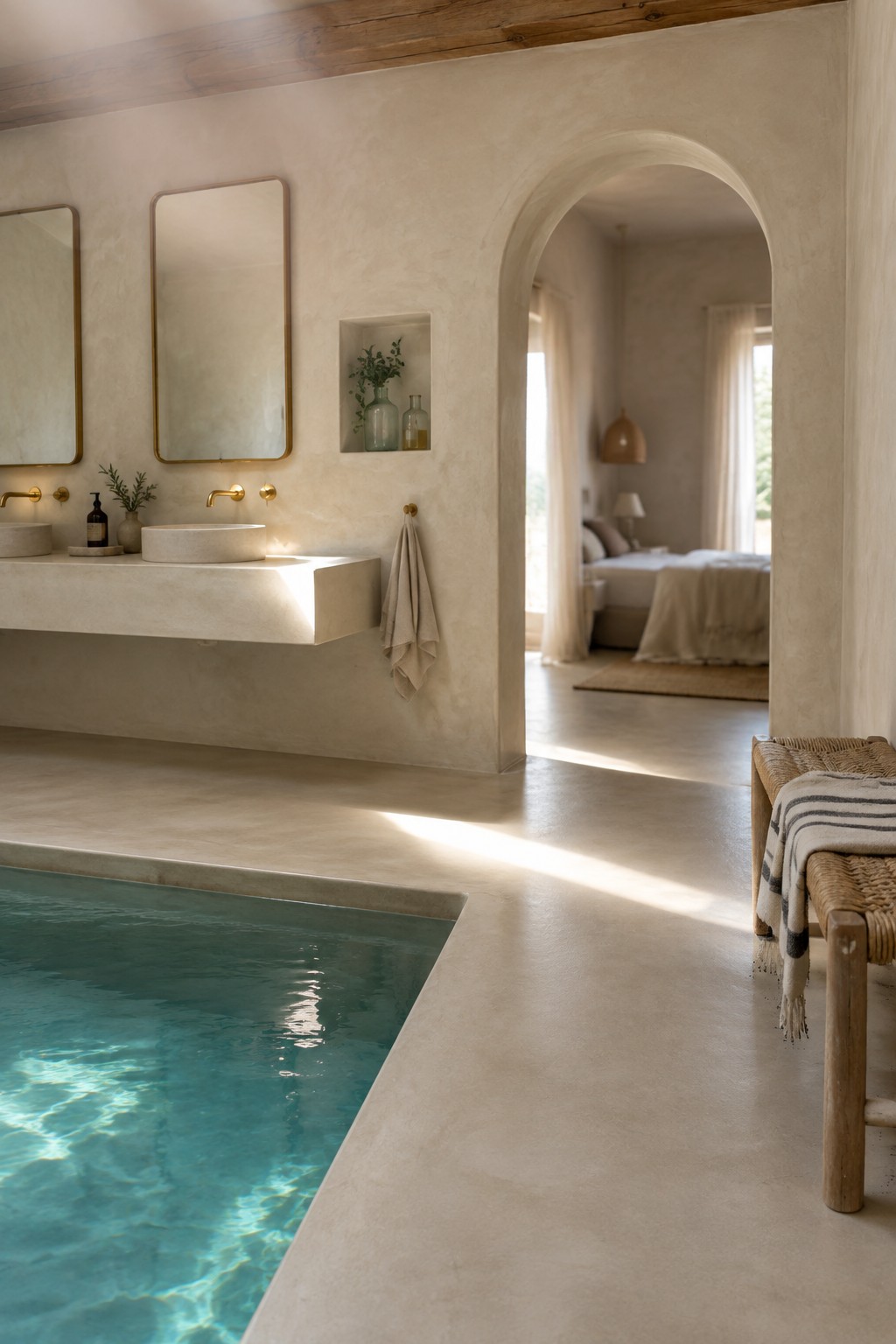 Sunlit minimalist bathroom with concrete vanity, turquoise plunge pool, and bedroom archway.