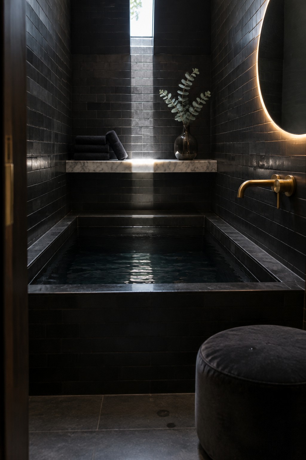 Dark tiled bathroom with sunken tub, marble shelf, brass faucet, round mirror