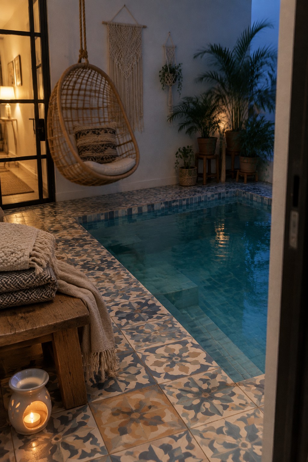 An indoor plunge pool with blue water set into a floor of patterned blue and beige tiles, with a hanging wicker chair and potted plants nearby.