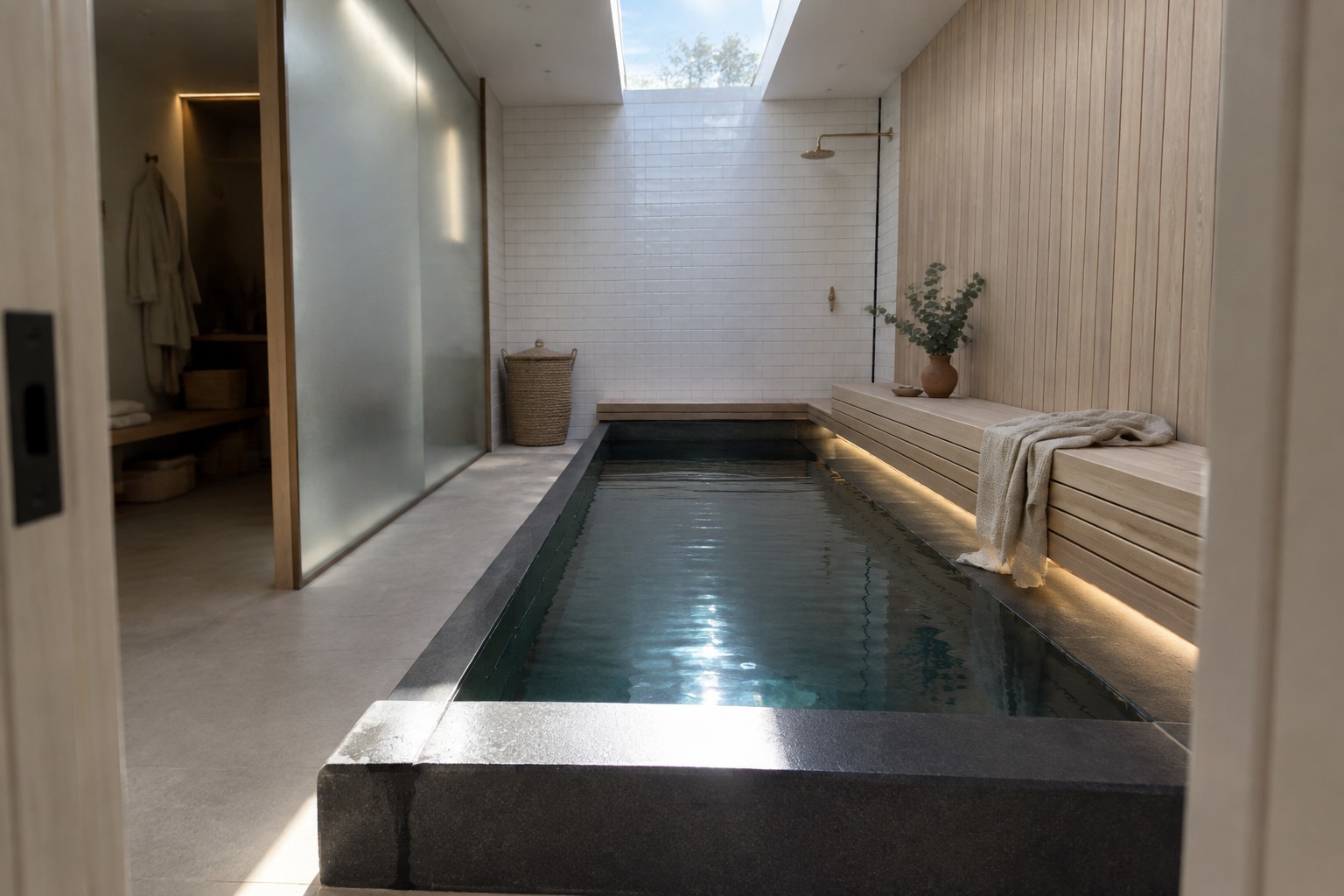 A narrow indoor plunge pool with dark water runs between white tiled walls and a light wood bench, lit by a skylight overhead.