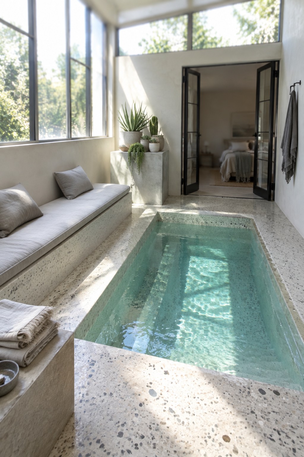 A long narrow indoor plunge pool filled with clear water set into speckled terrazzo flooring, with a built-in cushioned bench along one wall and large windows letting in daylight.