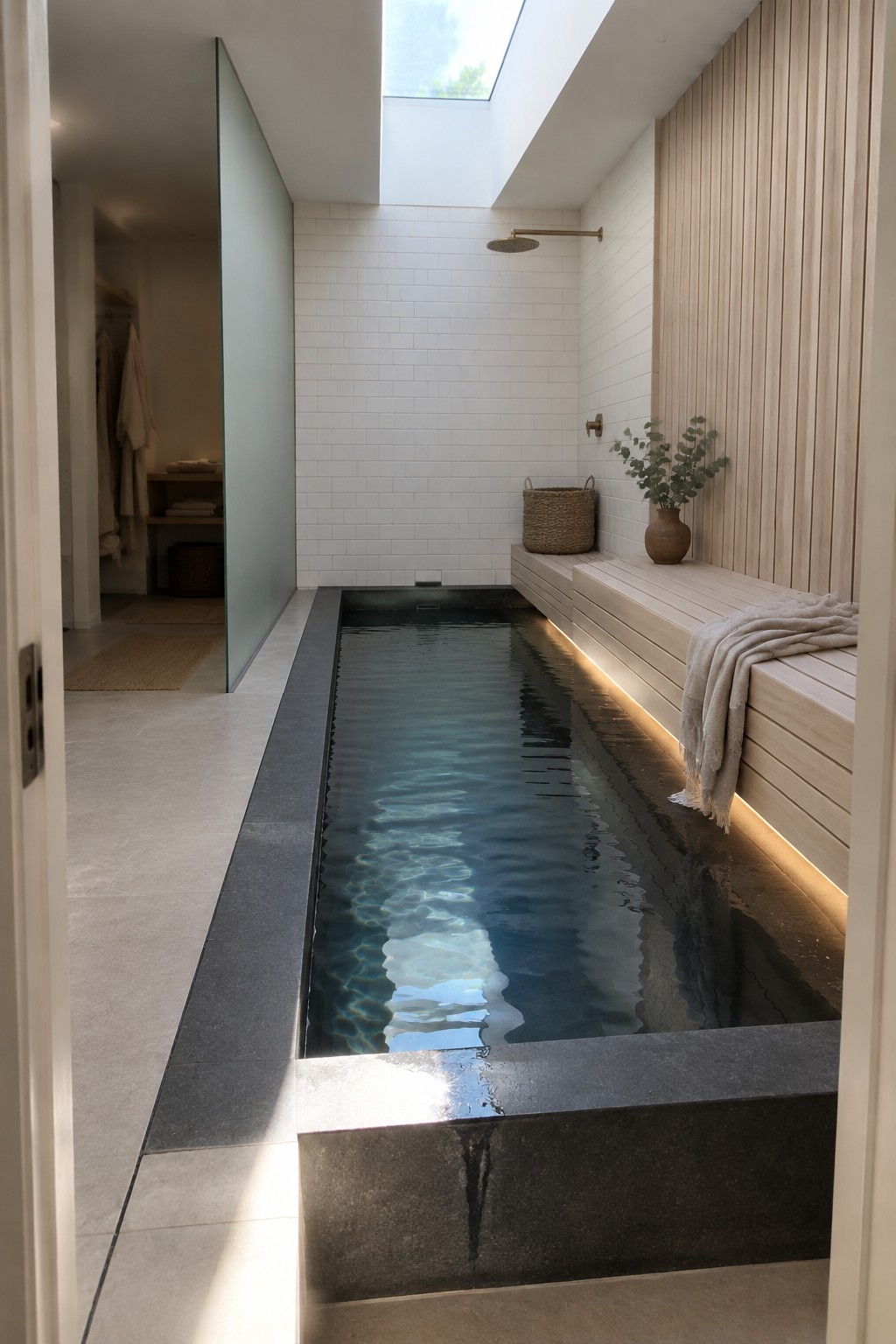 A narrow indoor plunge pool with dark water runs between white tiled walls and a light wood bench, lit by a skylight overhead.