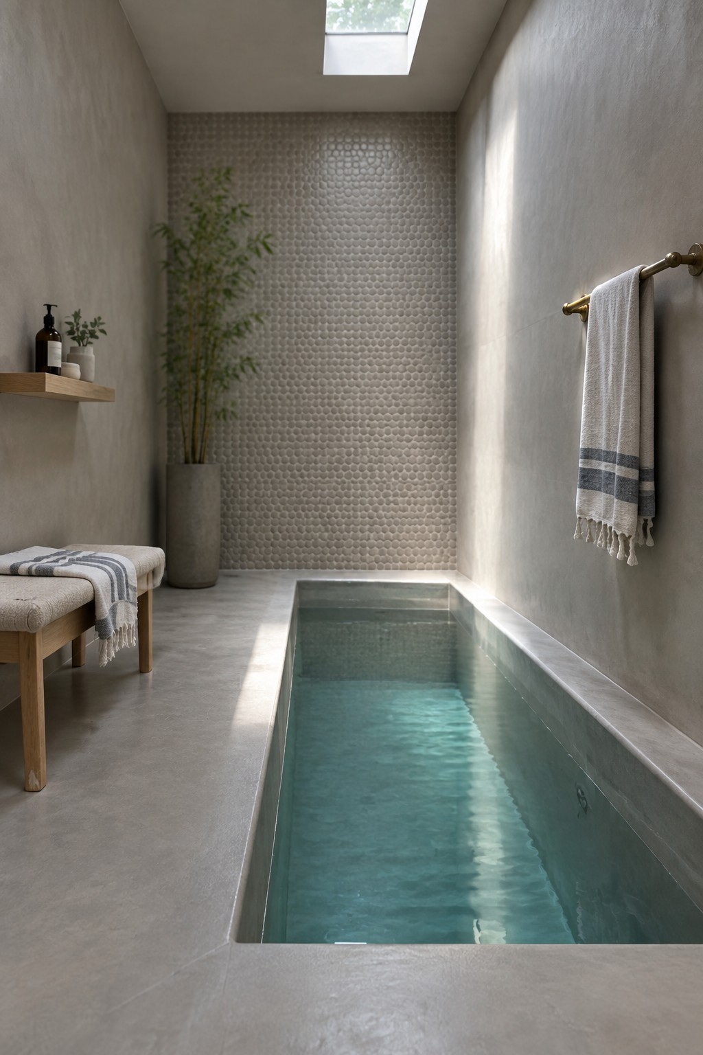Minimalist concrete bathroom with long turquoise plunge pool, skylight, and striped towels
