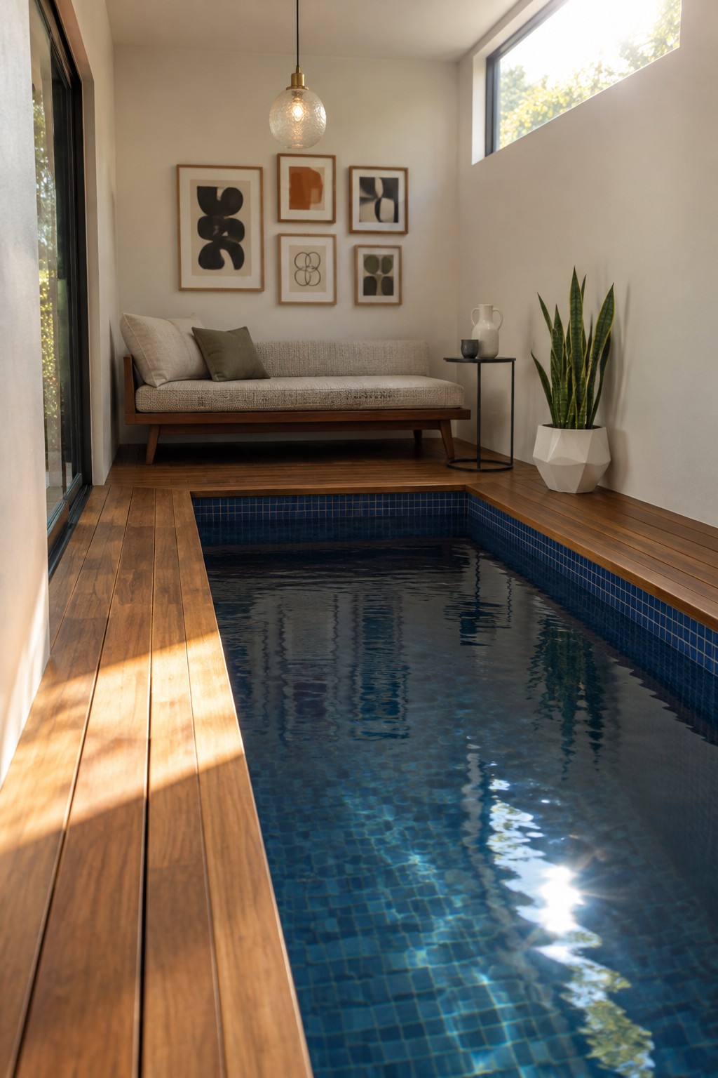 Modern indoor plunge pool with blue mosaic tiles, wooden deck, daybed, abstract art, and potted plant.