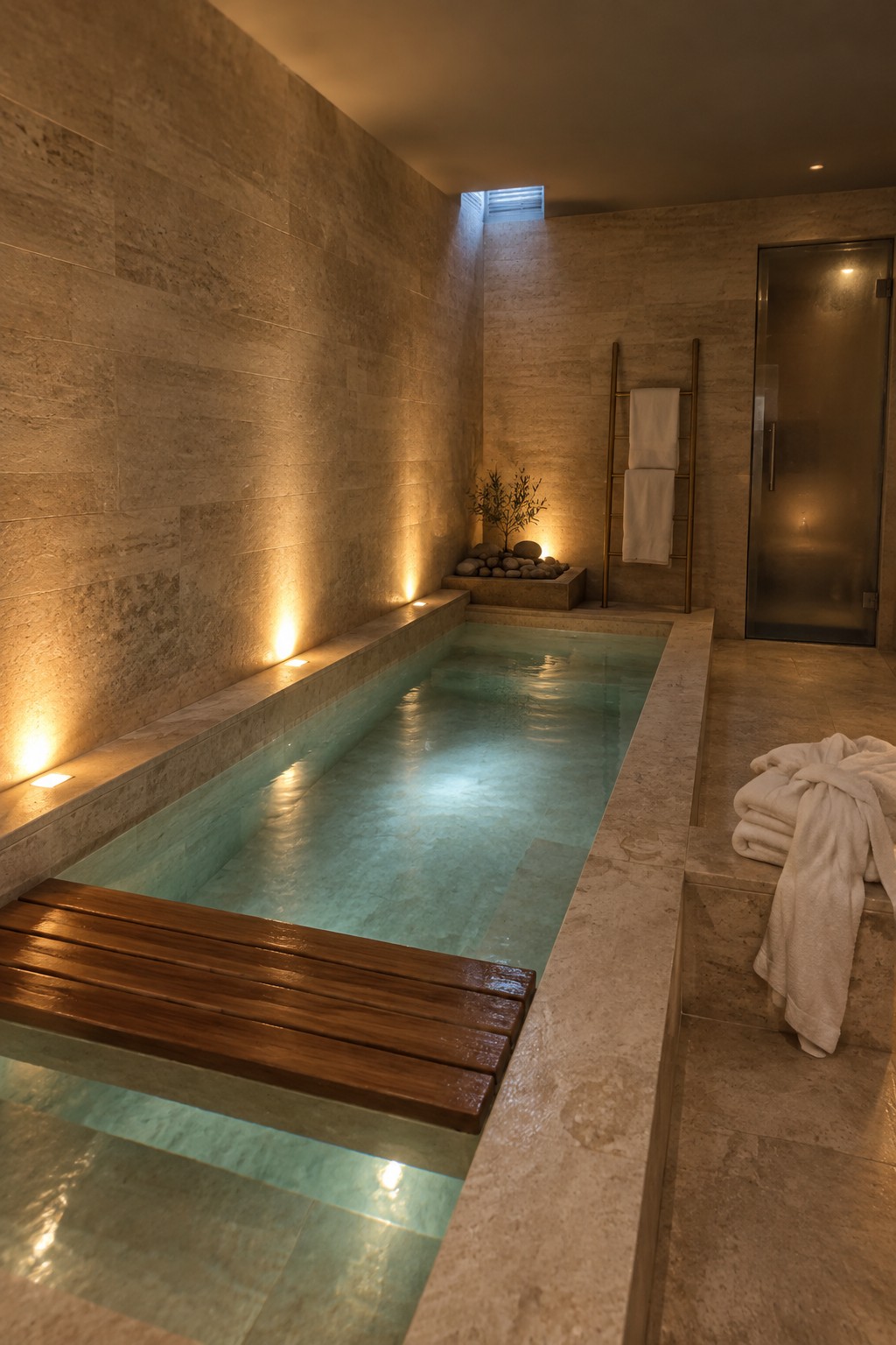 A narrow rectangular indoor plunge pool with light stone tile walls, recessed lighting, a wooden bench at one end, and folded white towels on a stone ledge.