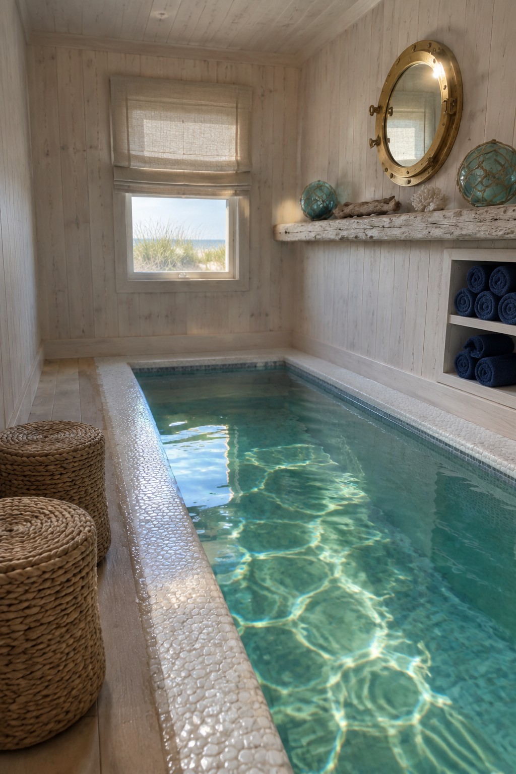 A narrow indoor plunge pool with rippling turquoise water inside a light wood paneled room, next to a small window and two woven stools.
