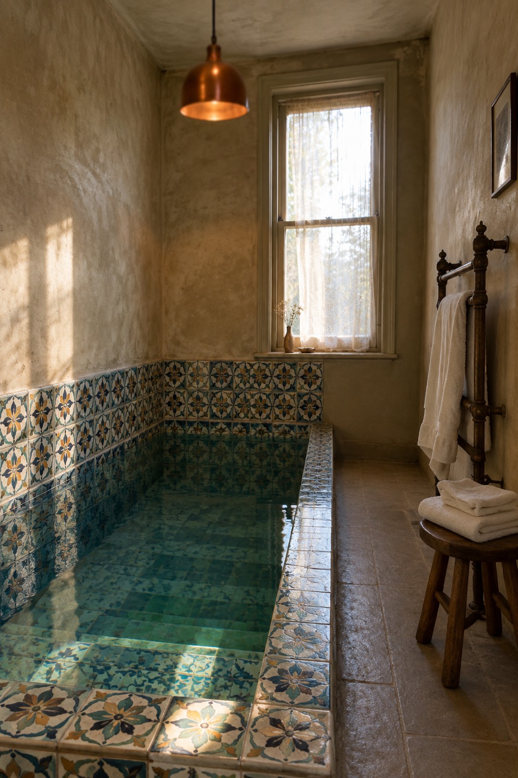A narrow rectangular indoor plunge pool lined with blue-green tiles and bordered by colorful patterned ceramic tiles, with a copper pendant light overhead.