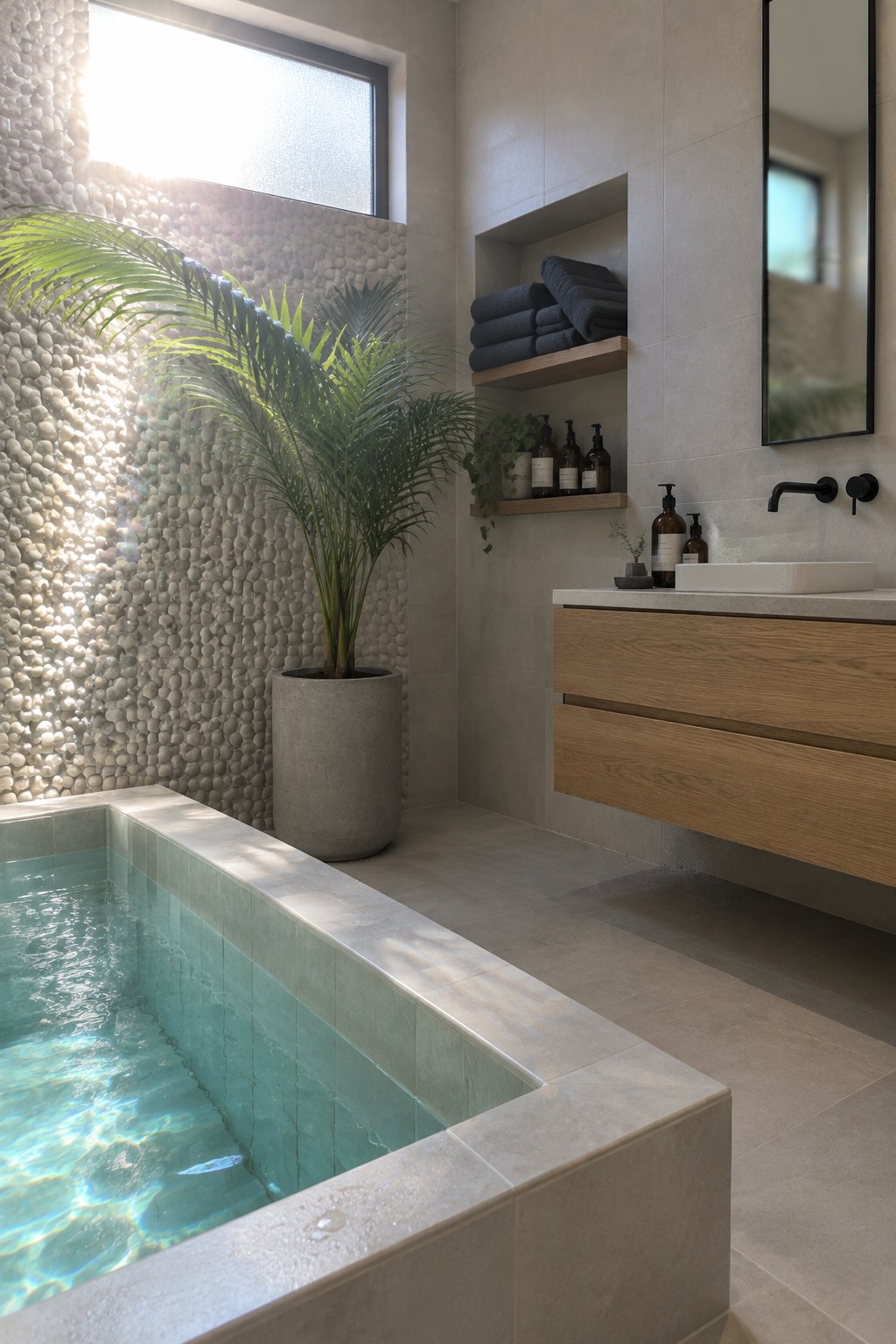 An indoor plunge pool with light blue-green tiles is positioned against a pebble stone wall, with a large potted palm plant and sunlight entering through a window above.