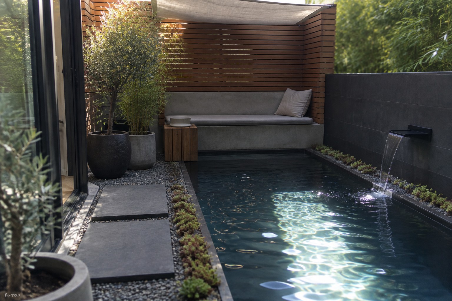 Modern plunge pool with cascading fountain, concrete bench, wooden wall, and stepping stones.