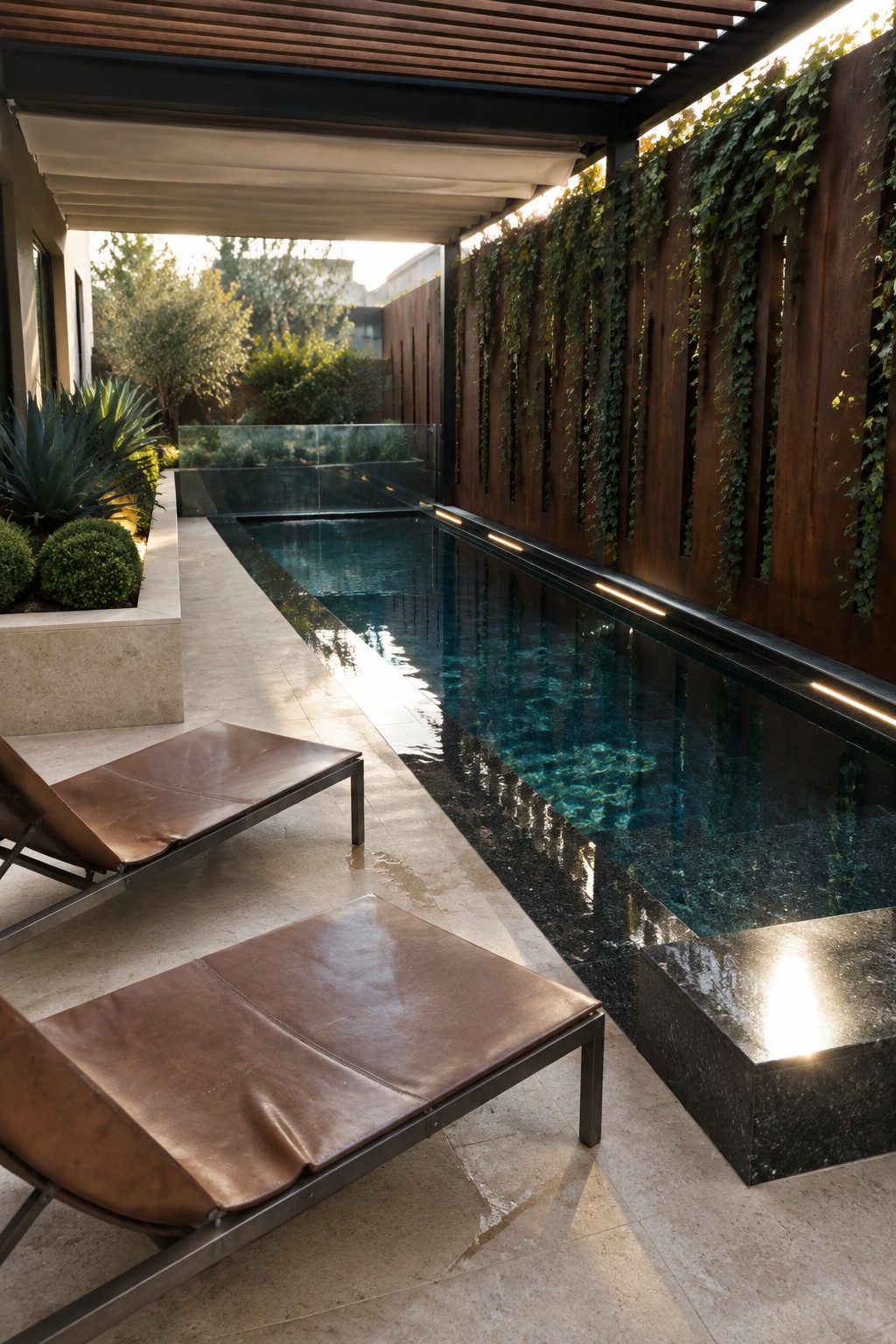 A narrow rectangular plunge pool runs alongside a stone patio with two brown leather lounge chairs, bordered by tall rusted metal screens covered in green vines under a wooden slat pergola.
