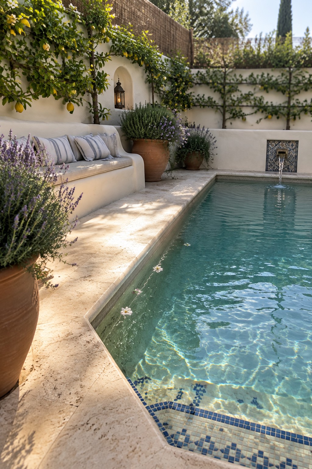 Sunlit turquoise pool with mosaic tiles, lavender pots, and lemon trees on white walls
