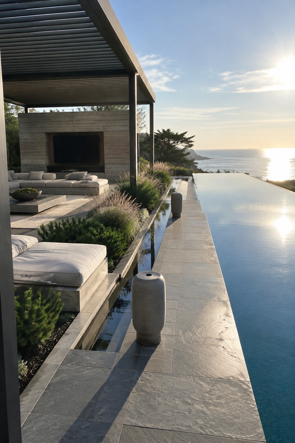 22 Breathtaking Ocean-View Infinity Pools Framed by Coastal Landscapes Modern infinity pool terrace with lounge seating overlooking ocean at sunset
