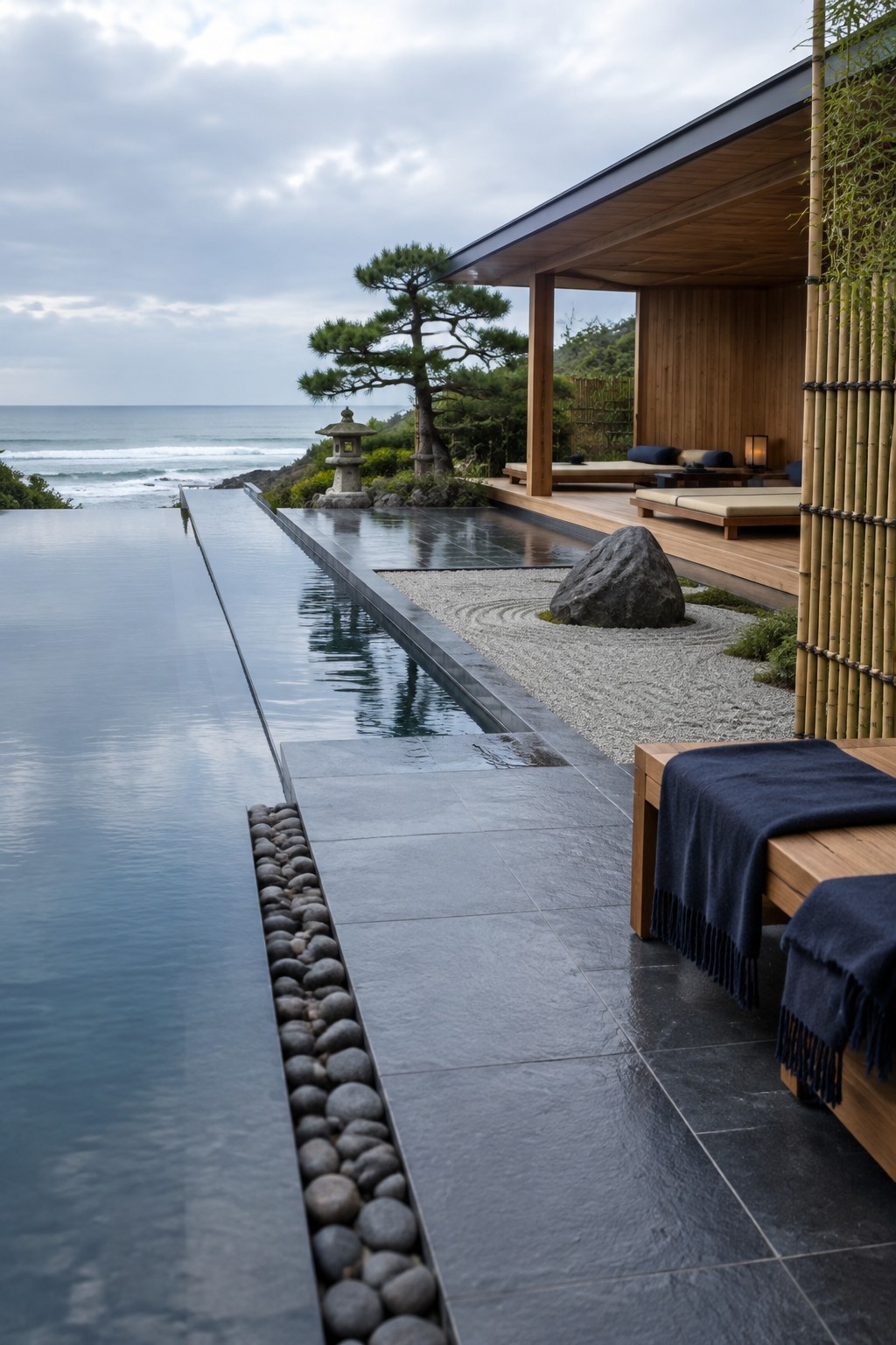 22 Breathtaking Ocean-View Infinity Pools Framed by Coastal Landscapes An infinity pool with a long pebble-filled channel along one edge sits beside a wooden deck, lounge seating, and a zen garden with raked gravel and a stone lantern, all overlooking the ocean.
