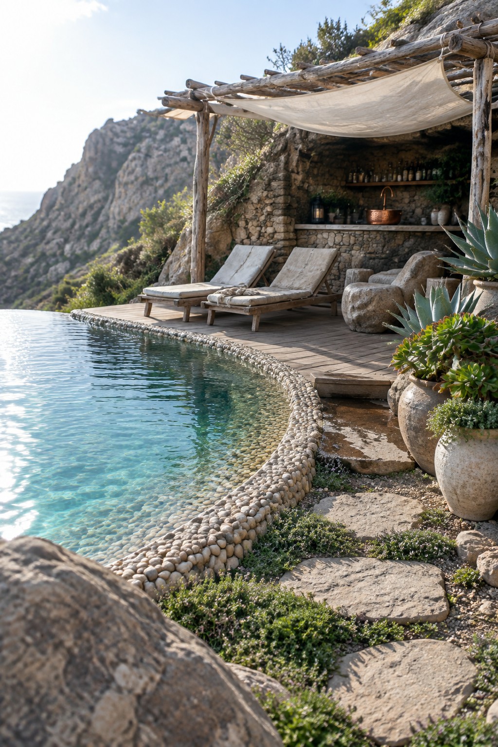 22 Breathtaking Ocean-View Infinity Pools Framed by Coastal Landscapes Turquoise infinity pool beside wooden deck with lounge chairs under rustic pergola on cliff