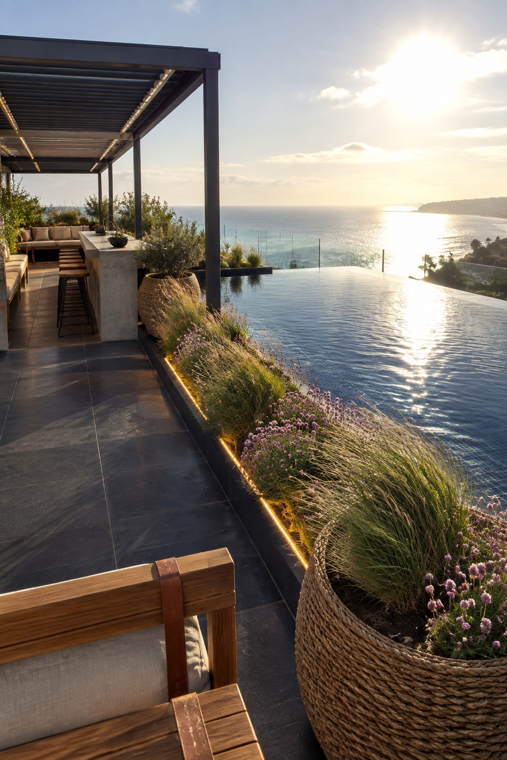 22 Breathtaking Ocean-View Infinity Pools Framed by Coastal Landscapes Outdoor patio with a concrete bar, wooden stools, and an infinity pool overlooking the ocean at sunset.