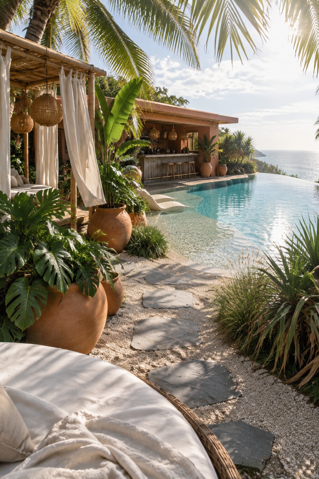 22 Breathtaking Ocean-View Infinity Pools Framed by Coastal Landscapes Tropical infinity pool with bar, terracotta plant pots, stone path, and ocean view.