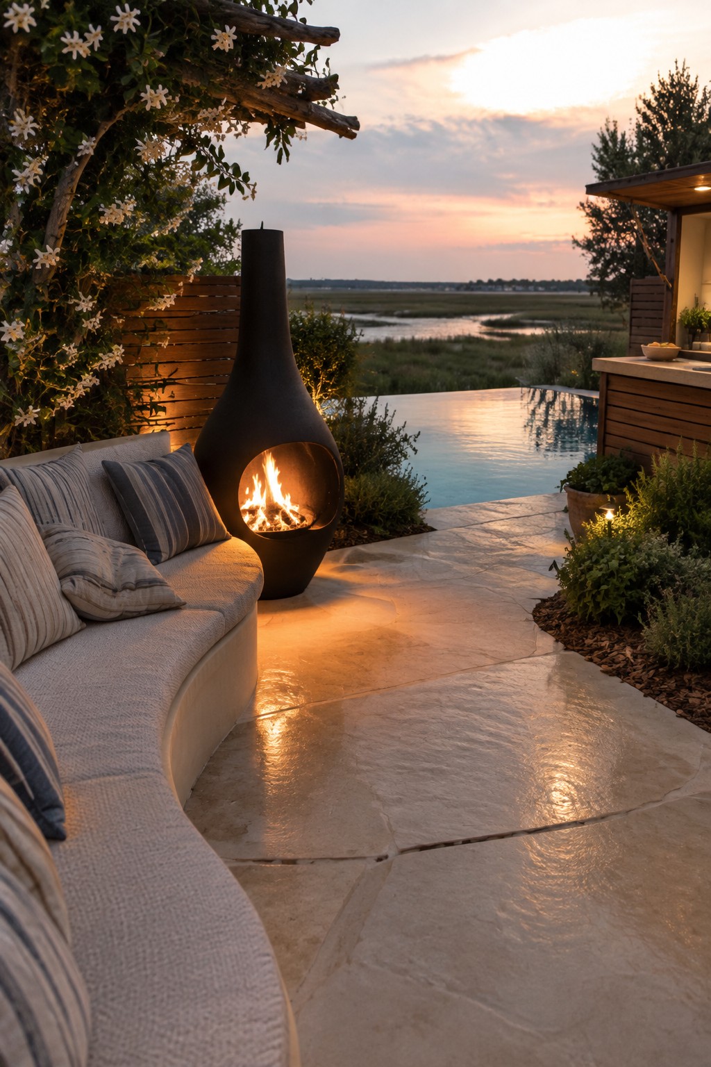 22 Breathtaking Ocean-View Infinity Pools Framed by Coastal Landscapes A black sculptural outdoor fireplace burns beside a curved sectional sofa on a stone patio next to an infinity pool with a coastal landscape beyond.