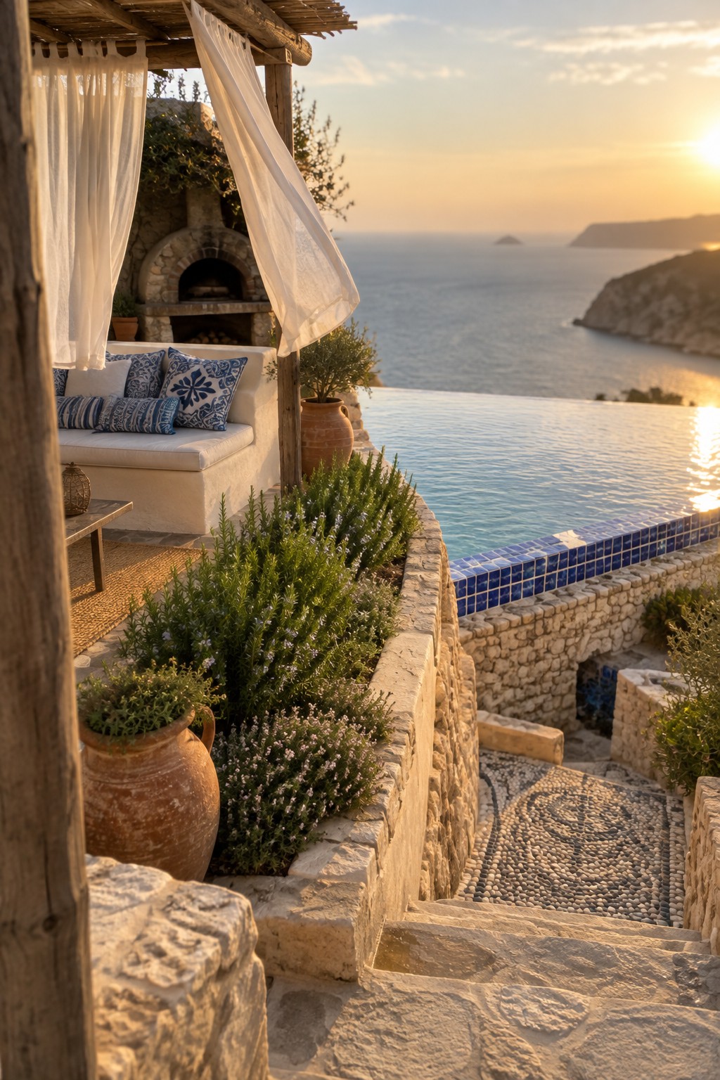 22 Breathtaking Ocean-View Infinity Pools Framed by Coastal Landscapes Infinity pool terrace at sunset with white sofa, blue pillows, stone fireplace, ocean view.