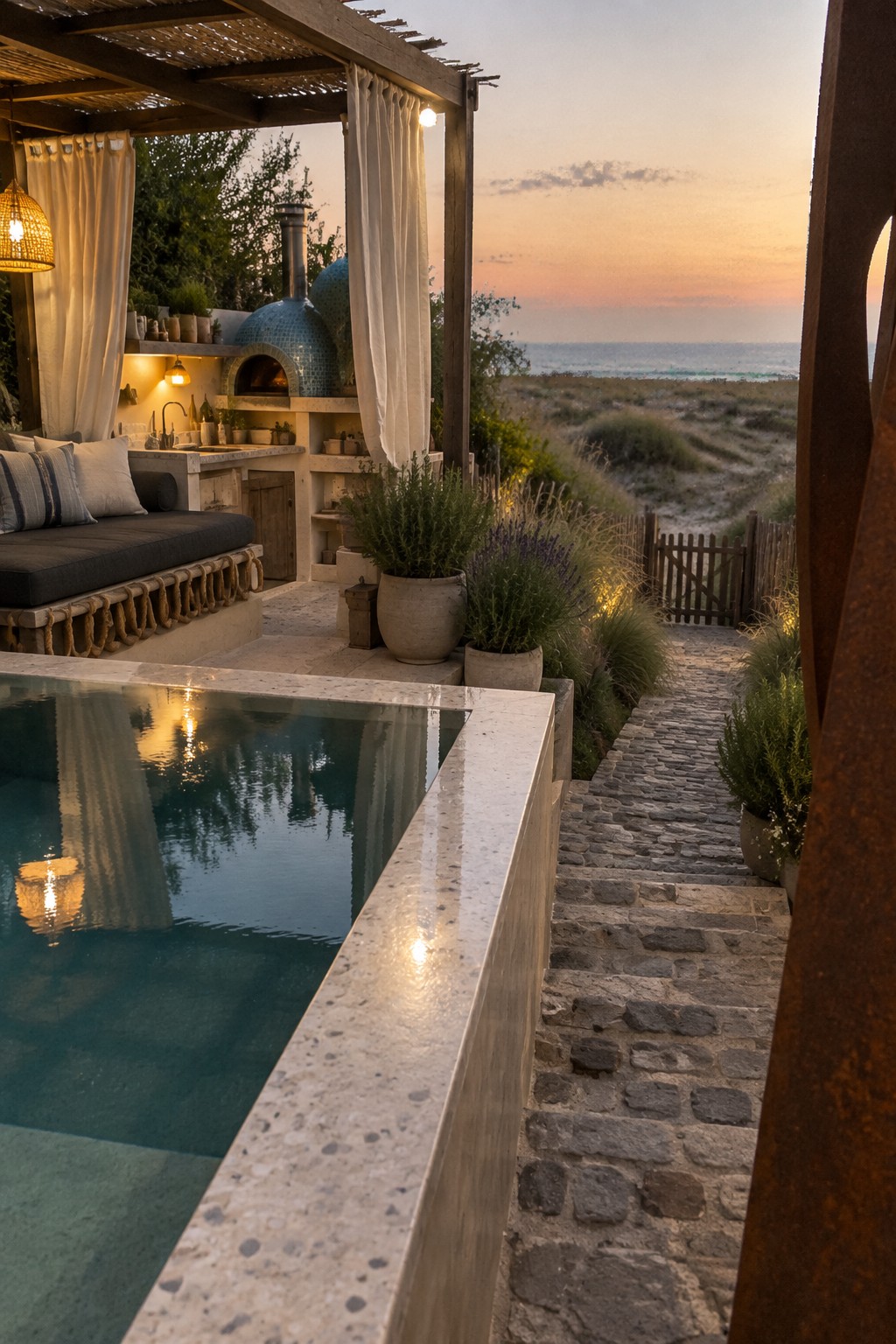 22 Breathtaking Ocean-View Infinity Pools Framed by Coastal Landscapes A rectangular pool with light stone coping sits beside a wooden pergola that holds an outdoor kitchen and lounge seating, with a cobblestone path leading toward the ocean.
