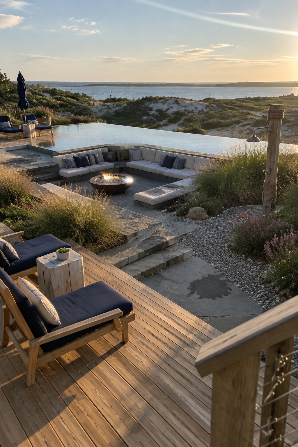 22 Breathtaking Ocean-View Infinity Pools Framed by Coastal Landscapes An outdoor coastal patio features an infinity pool overlooking dunes and water, with an L-shaped sectional sofa arranged around a lit fire pit on stone paving and a wooden deck with lounge chairs in the foreground.