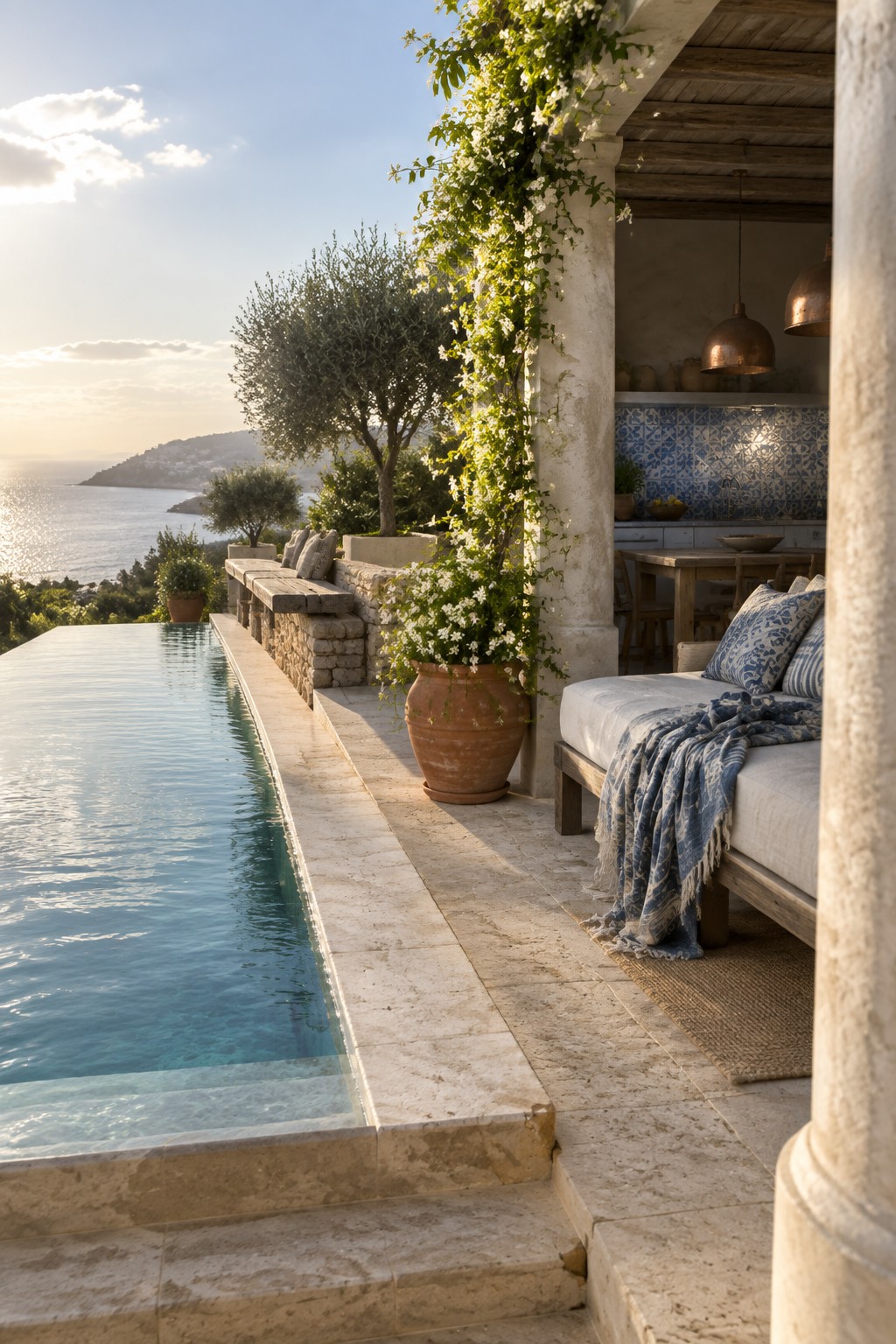 22 Breathtaking Ocean-View Infinity Pools Framed by Coastal Landscapes A long infinity pool with stone coping runs alongside a patio featuring a built-in stone bench, a large terracotta pot with white flowers, an outdoor daybed, and a partial view of an outdoor kitchen overlooking the sea.