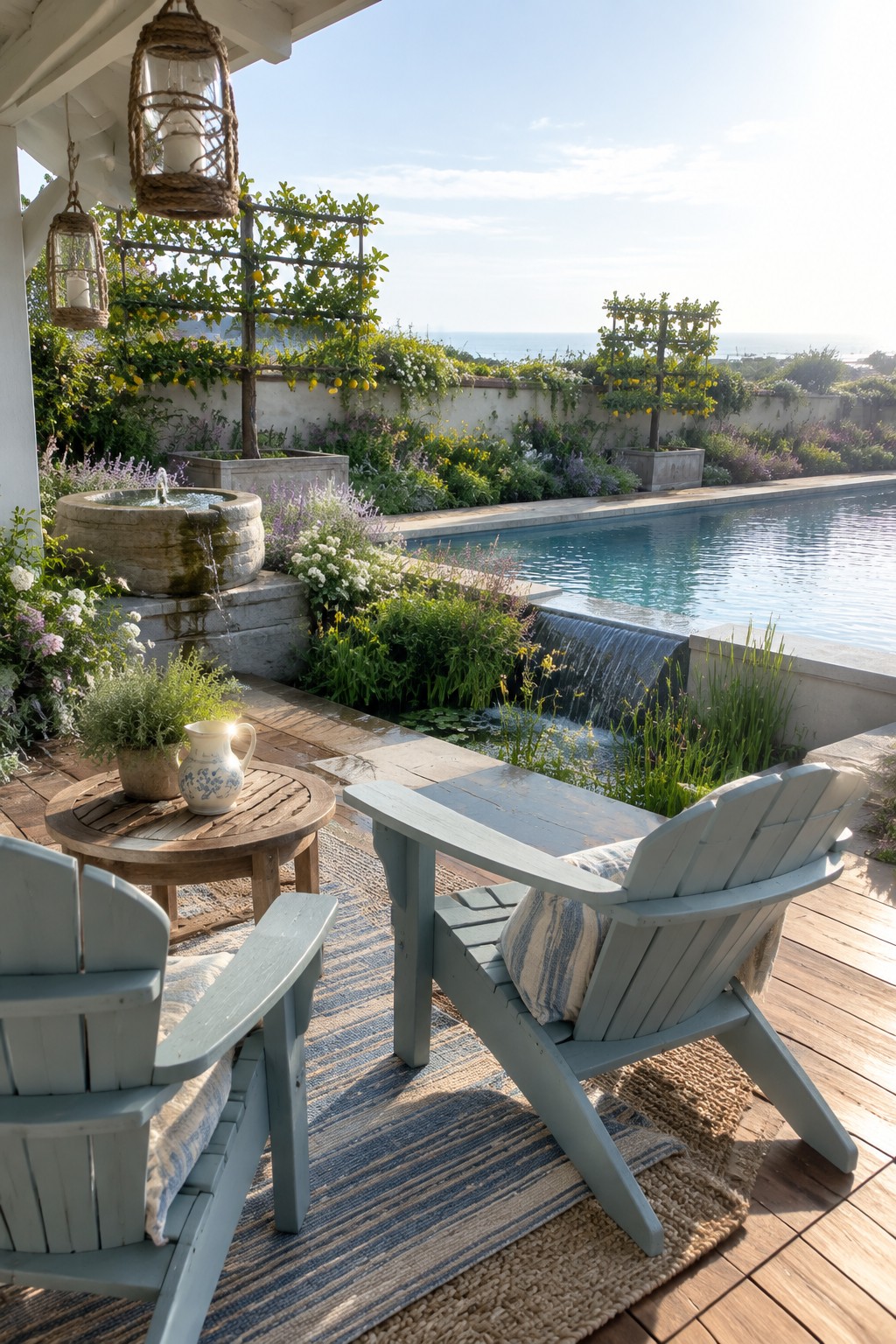 22 Breathtaking Ocean-View Infinity Pools Framed by Coastal Landscapes Two blue Adirondack chairs on deck overlooking pool with waterfall and ocean garden