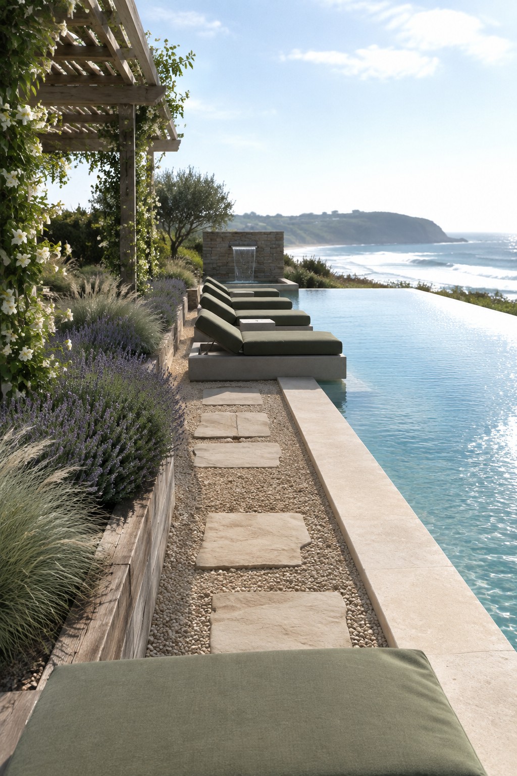 22 Breathtaking Ocean-View Infinity Pools Framed by Coastal Landscapes A long infinity pool with a row of green lounge chairs along the edge, a gravel path with stepping stones, and ocean waves visible beyond the pool.