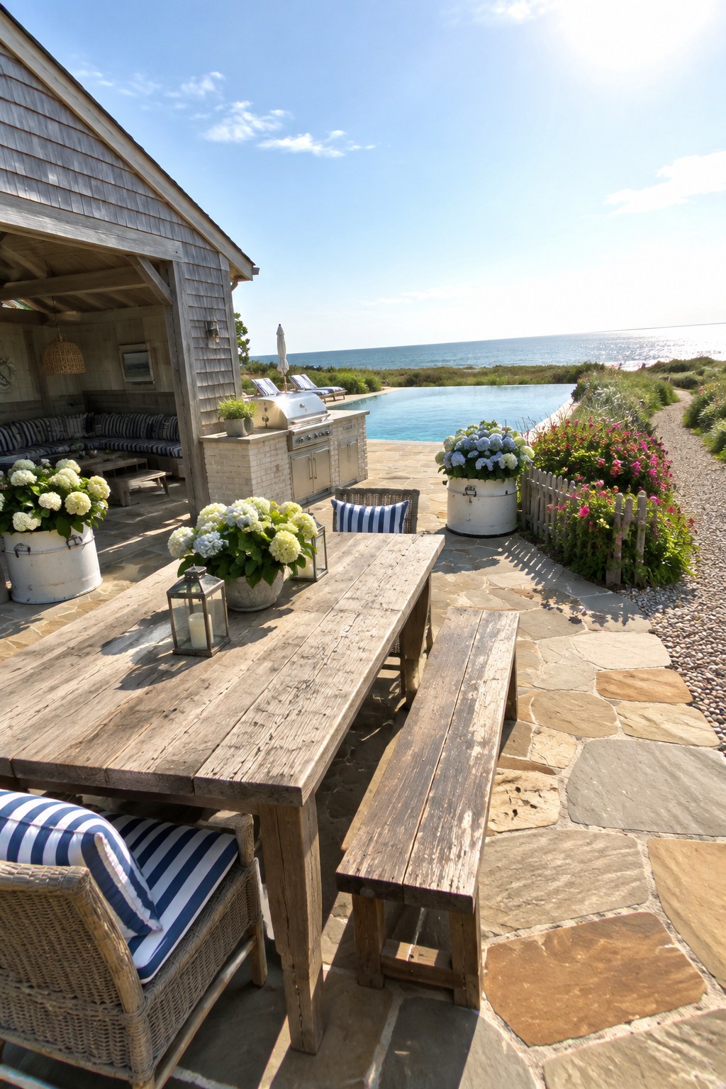 22 Breathtaking Ocean-View Infinity Pools Framed by Coastal Landscapes Rustic wooden dining table on stone patio overlooking ocean and pool with flowers
